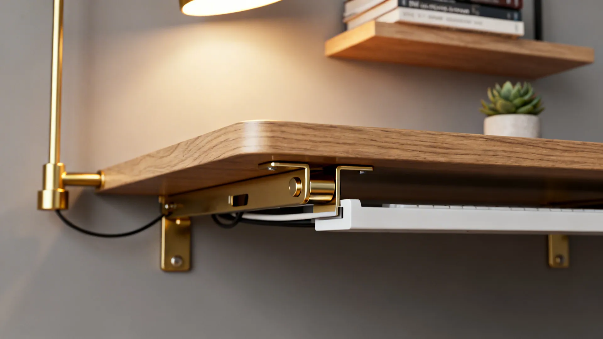 Close-up of a slim wall-mounted floating desk with a hidden cable tray and floating shelf above.