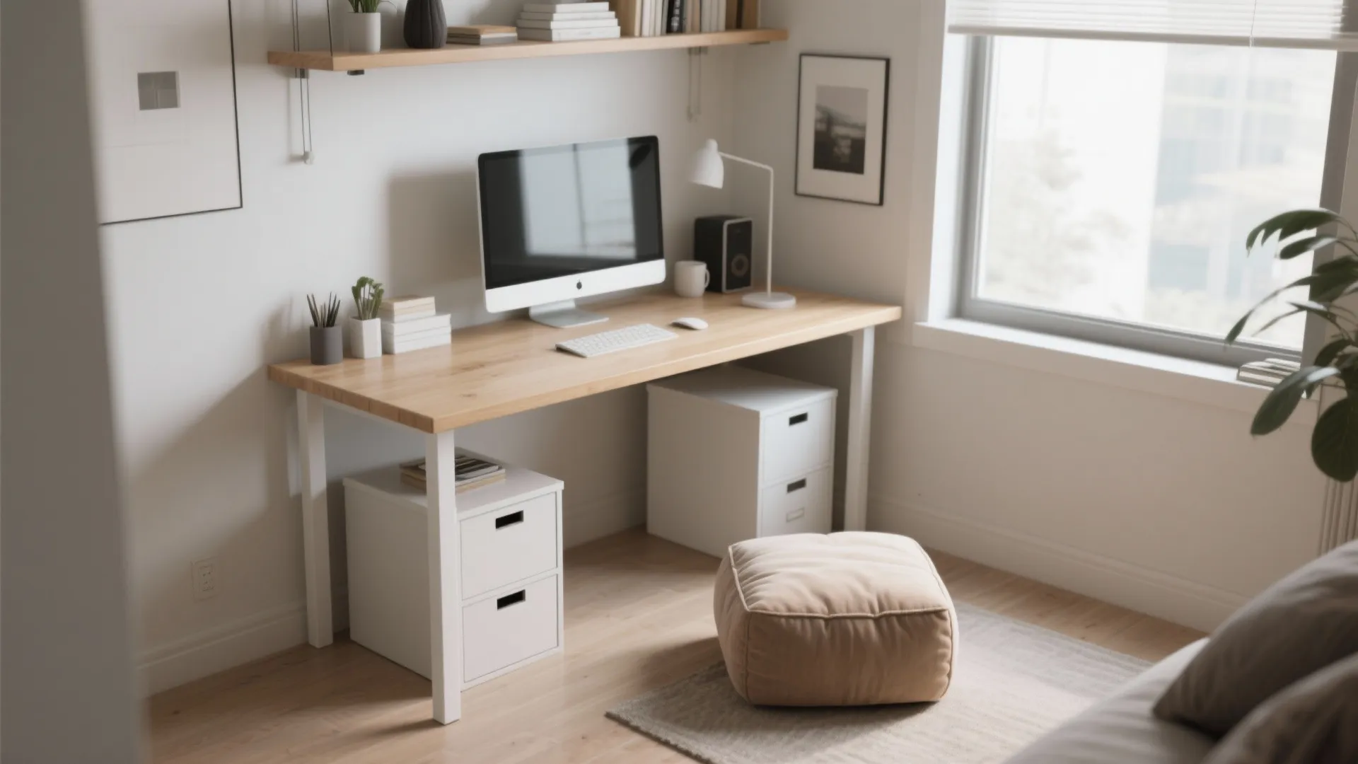 Bright minimalist workspace with wooden desk, computer, white storage cabinets, and a soft beige footrest