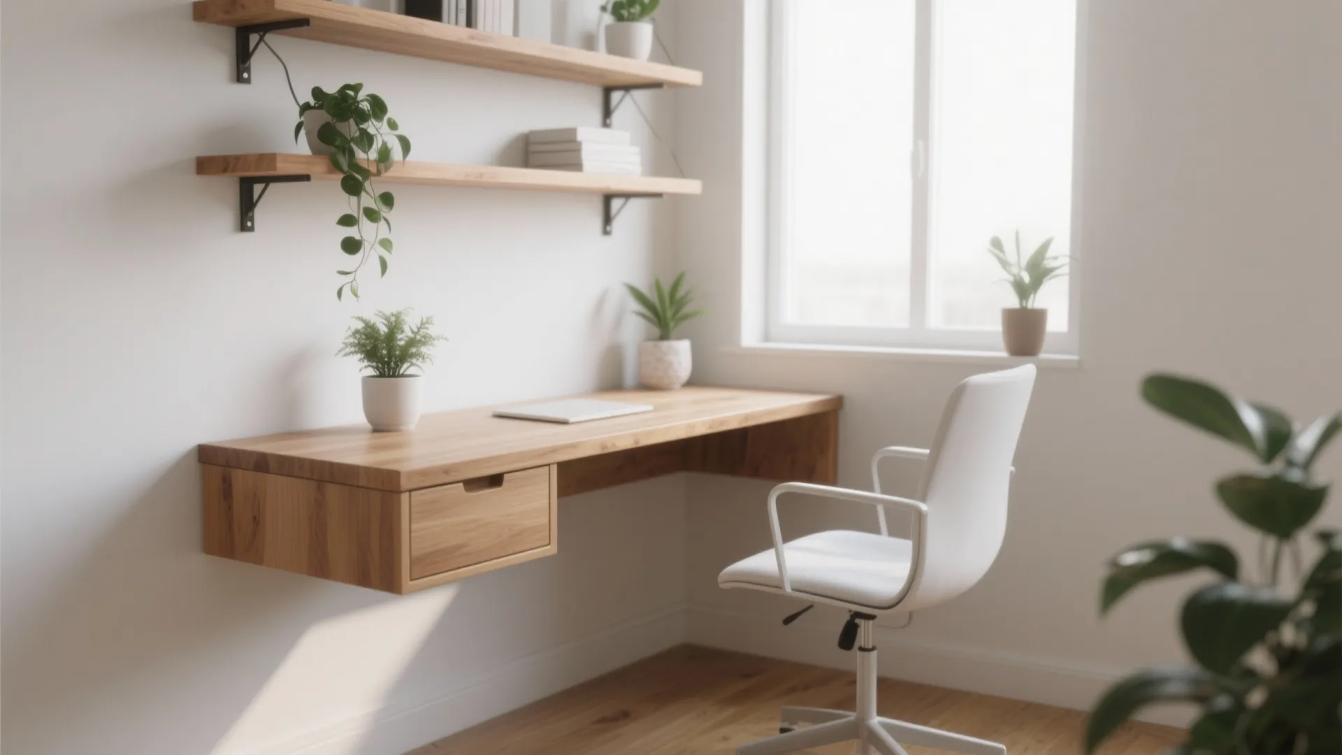 Minimalist home office with floating wooden desk white chair wall shelves plants and natural light