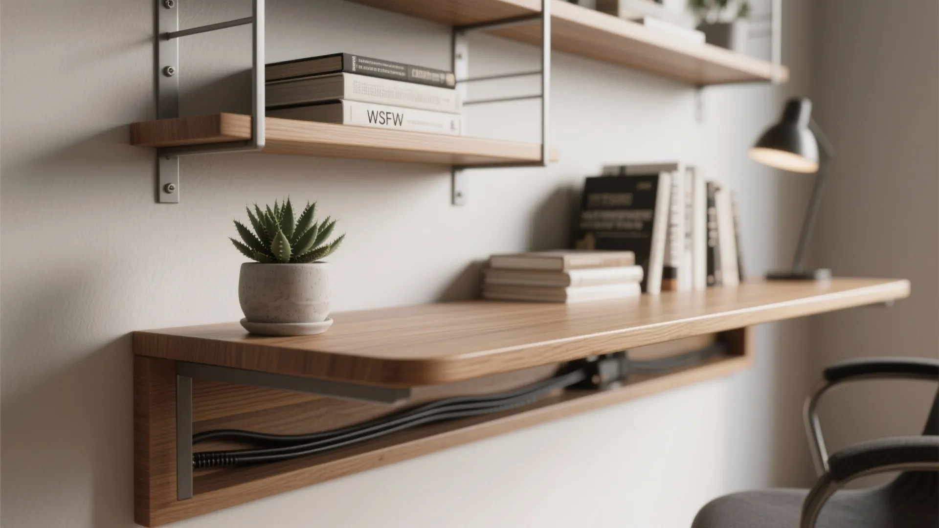 1. Floating desk with integrated shelving