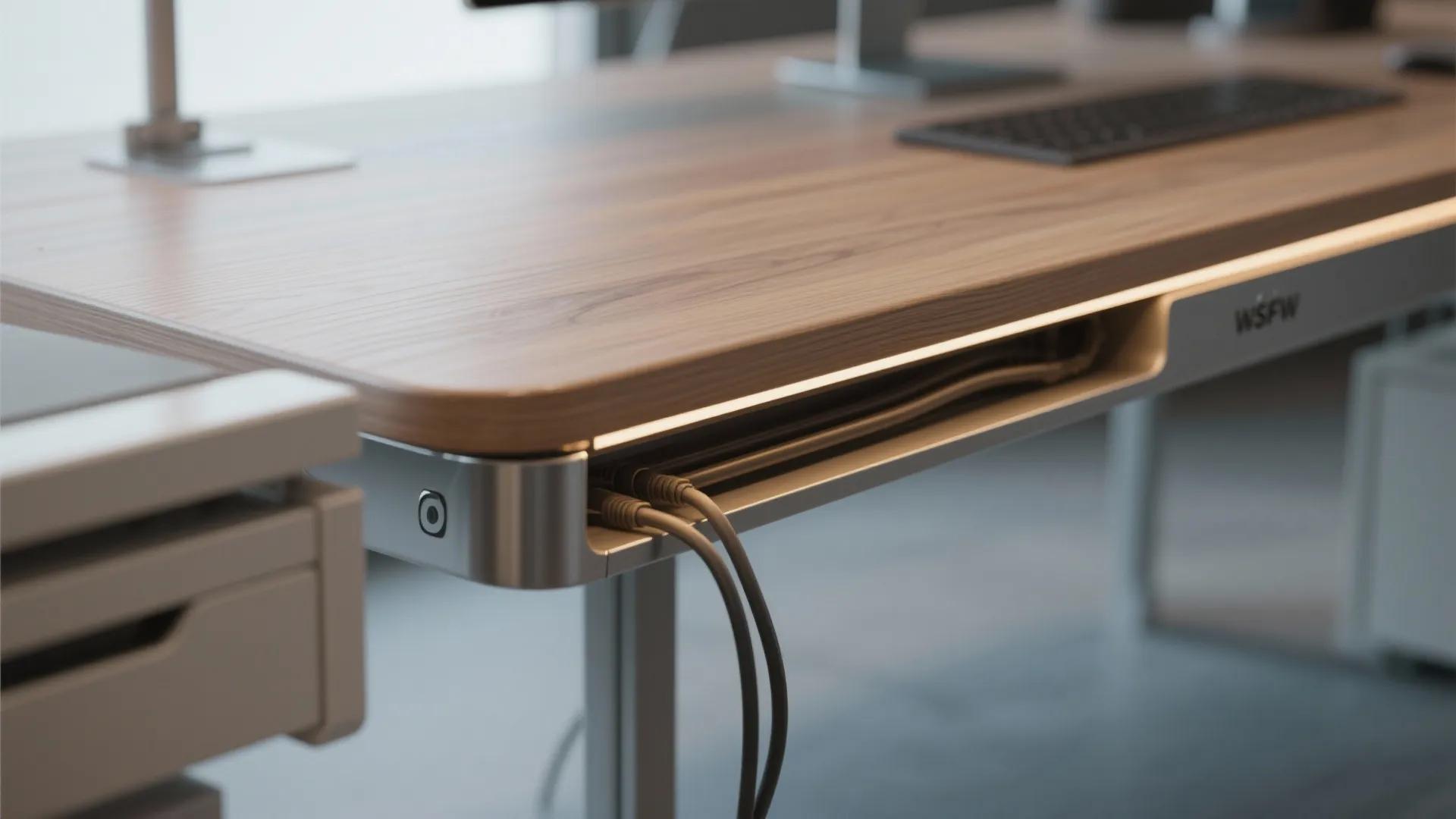 Modern wooden desk with cable management tray showing several grey wires and one light strip