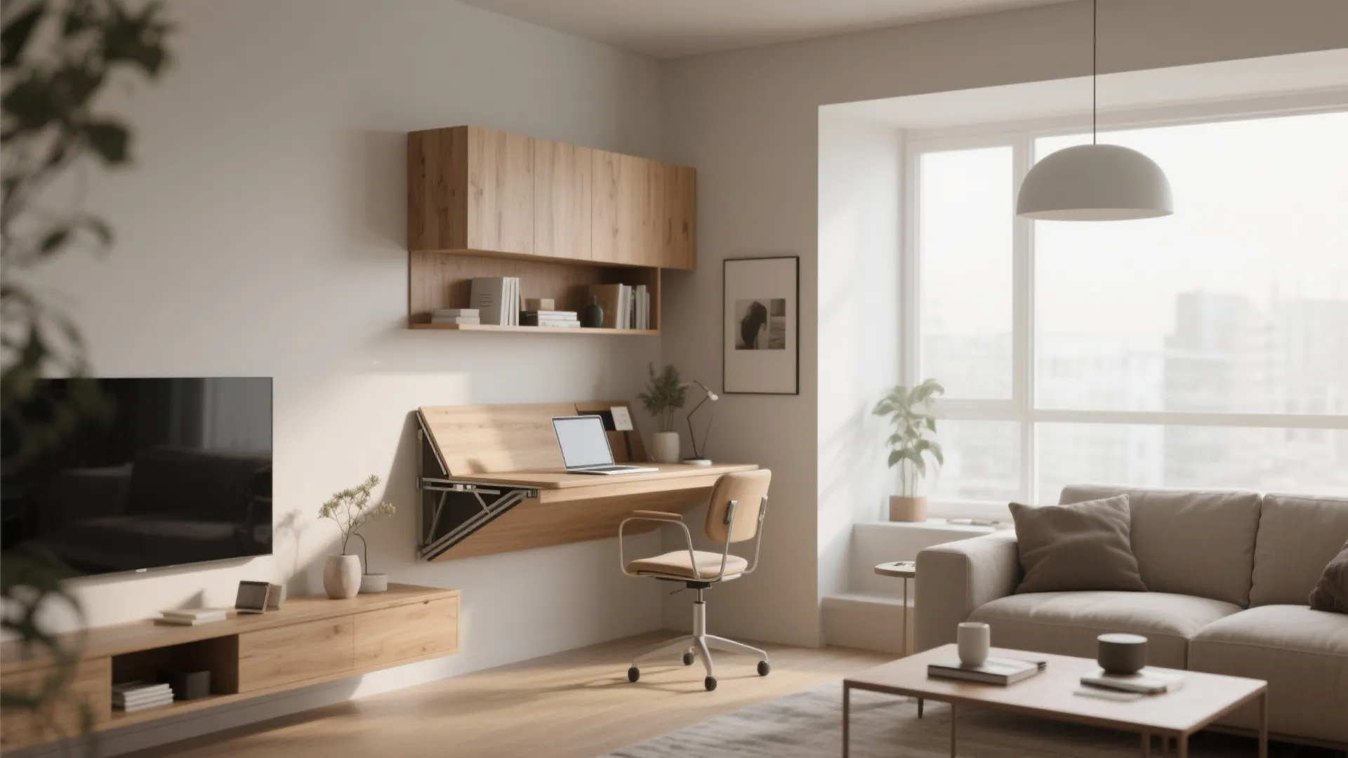 Wall mounted wooden folding desk with laptop, overhead storage cabinet, office chair, and grey sofa