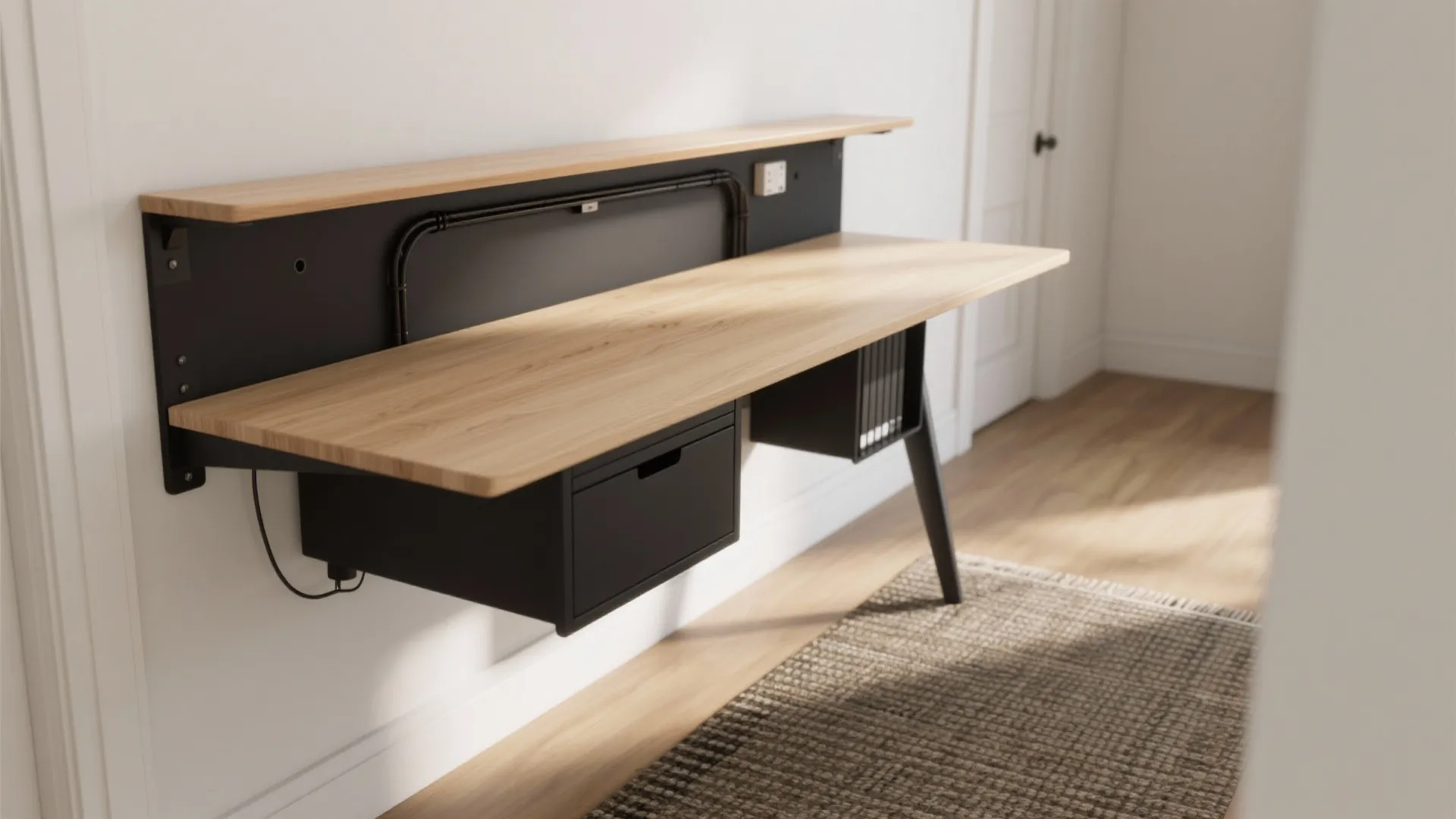 Modern wood floating desk with black drawer and shelving unit mounted on a white wall
