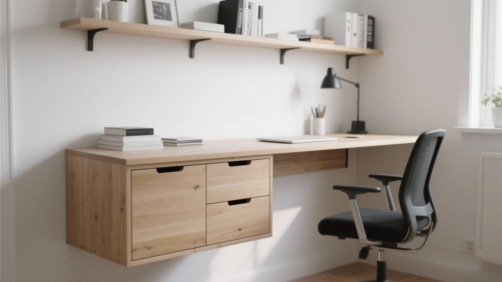 Wooden floating desk with storage drawers and wall shelves in a bright home office setting