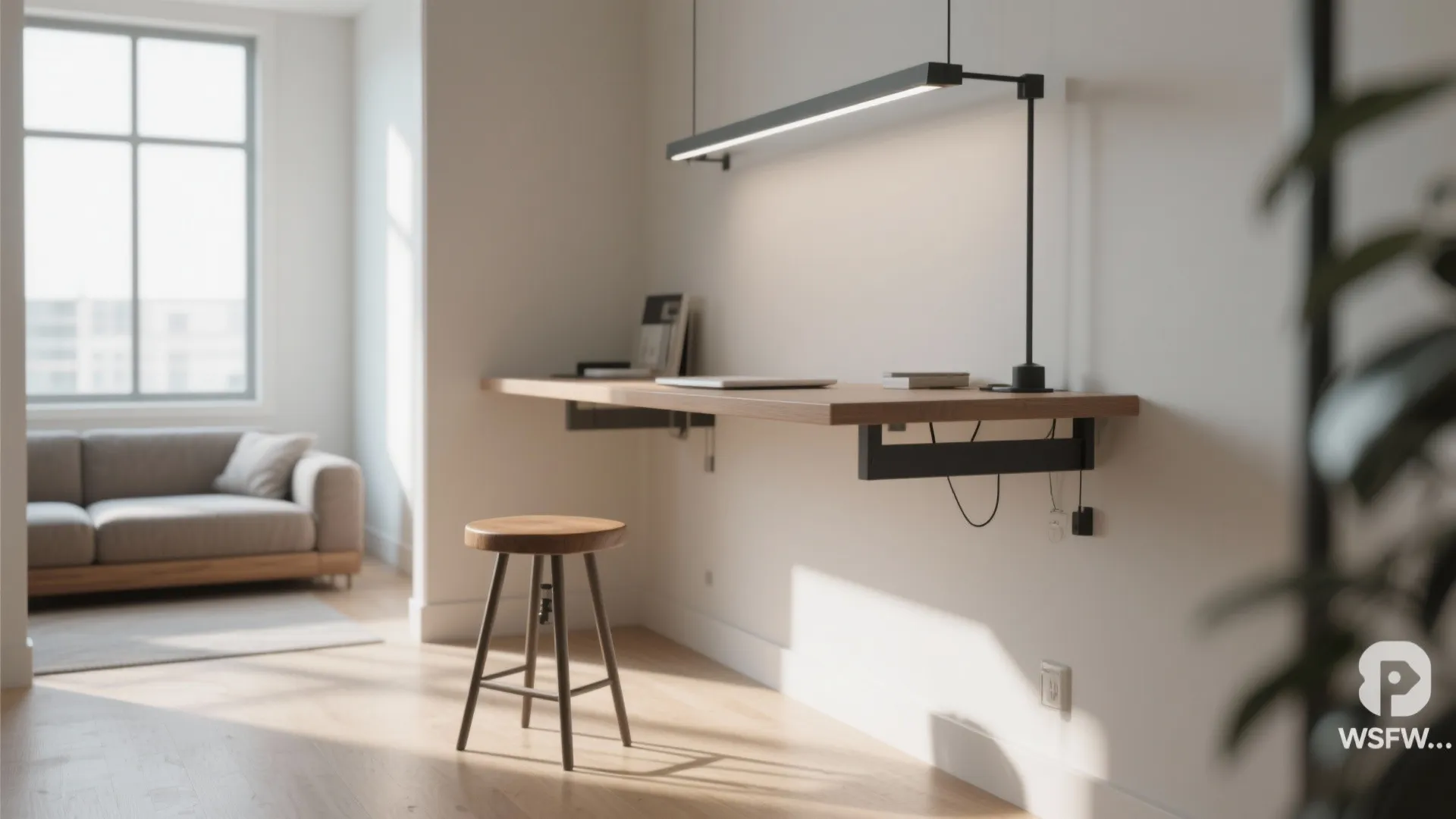 Floating desk with stool in a small modern office