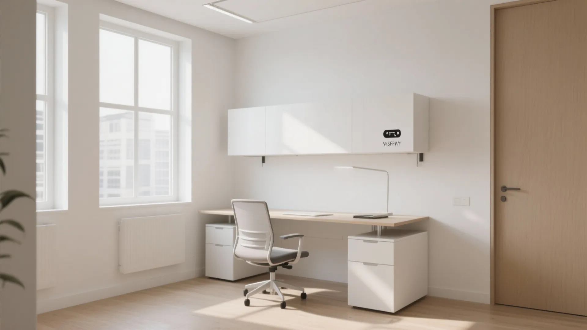 Modern home office featuring a floating wooden desk with white cabinets and a grey chair