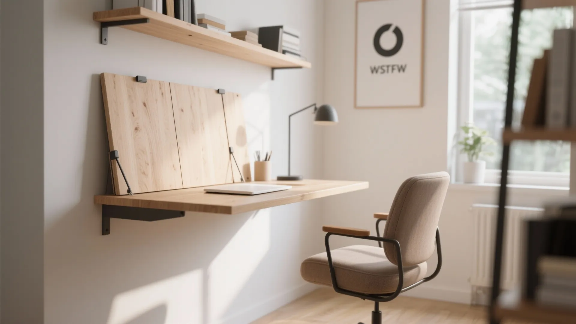 Minimalist home workspace featuring a wall mounted wooden folding desk and a comfortable beige swivel chair