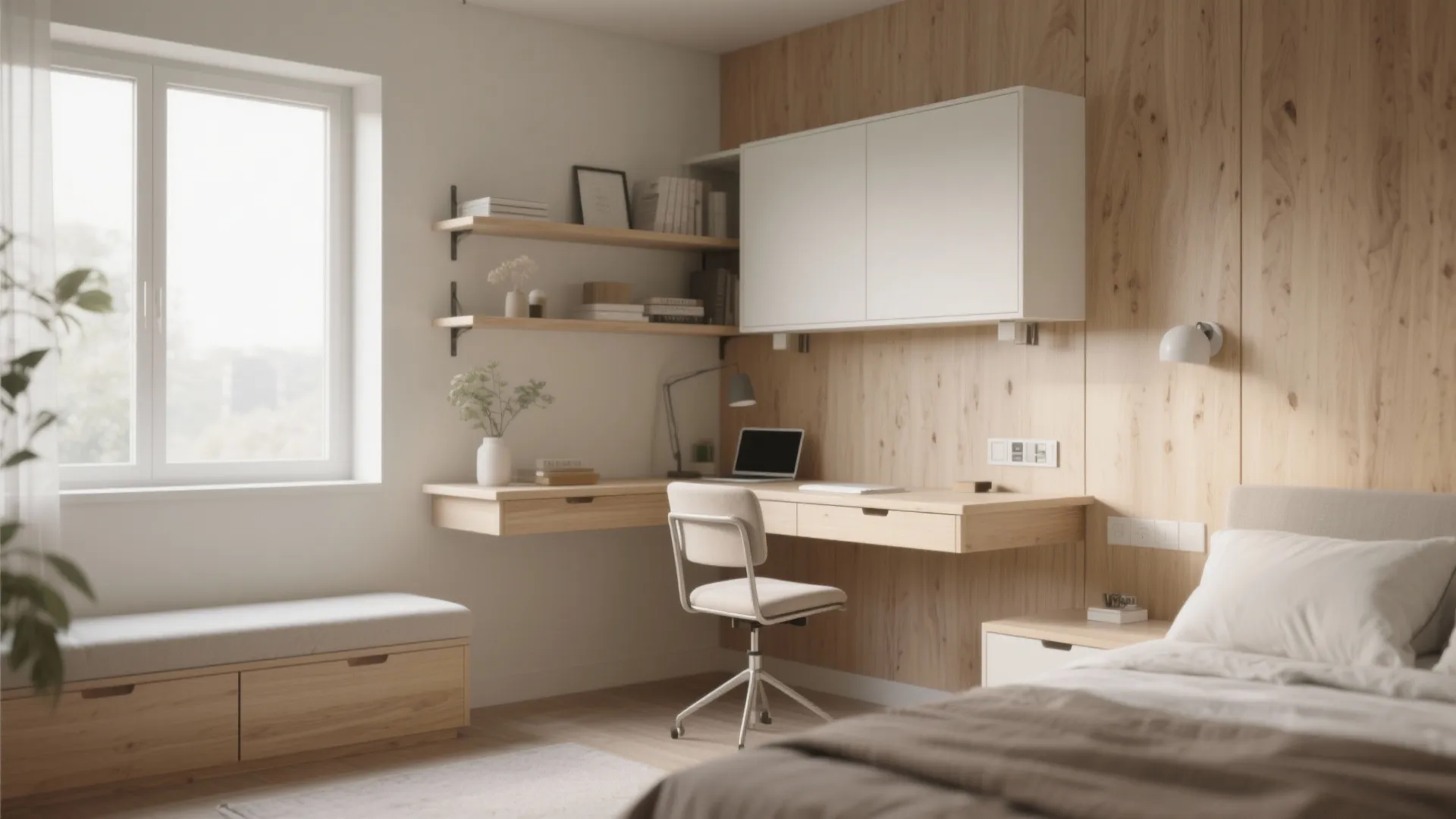 Minimalist bedroom featuring a light wood floating desk with white chair and matching wall panel