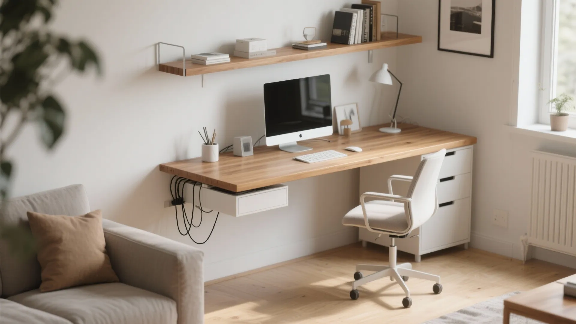Minimalist home office with wooden floating desk white chair computer wall shelf and natural light