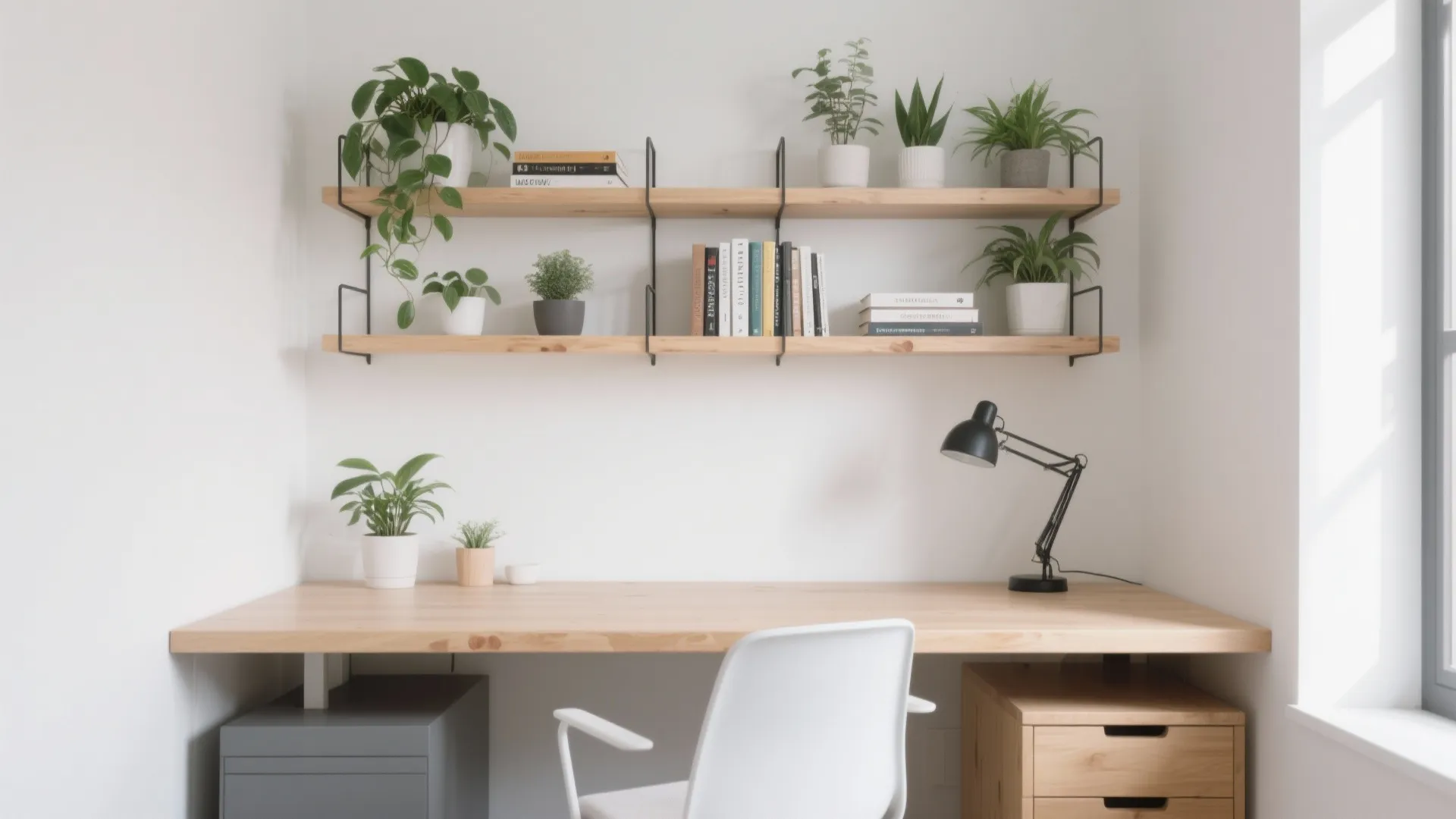 Floating shelves above a tidy modern desk in a small office