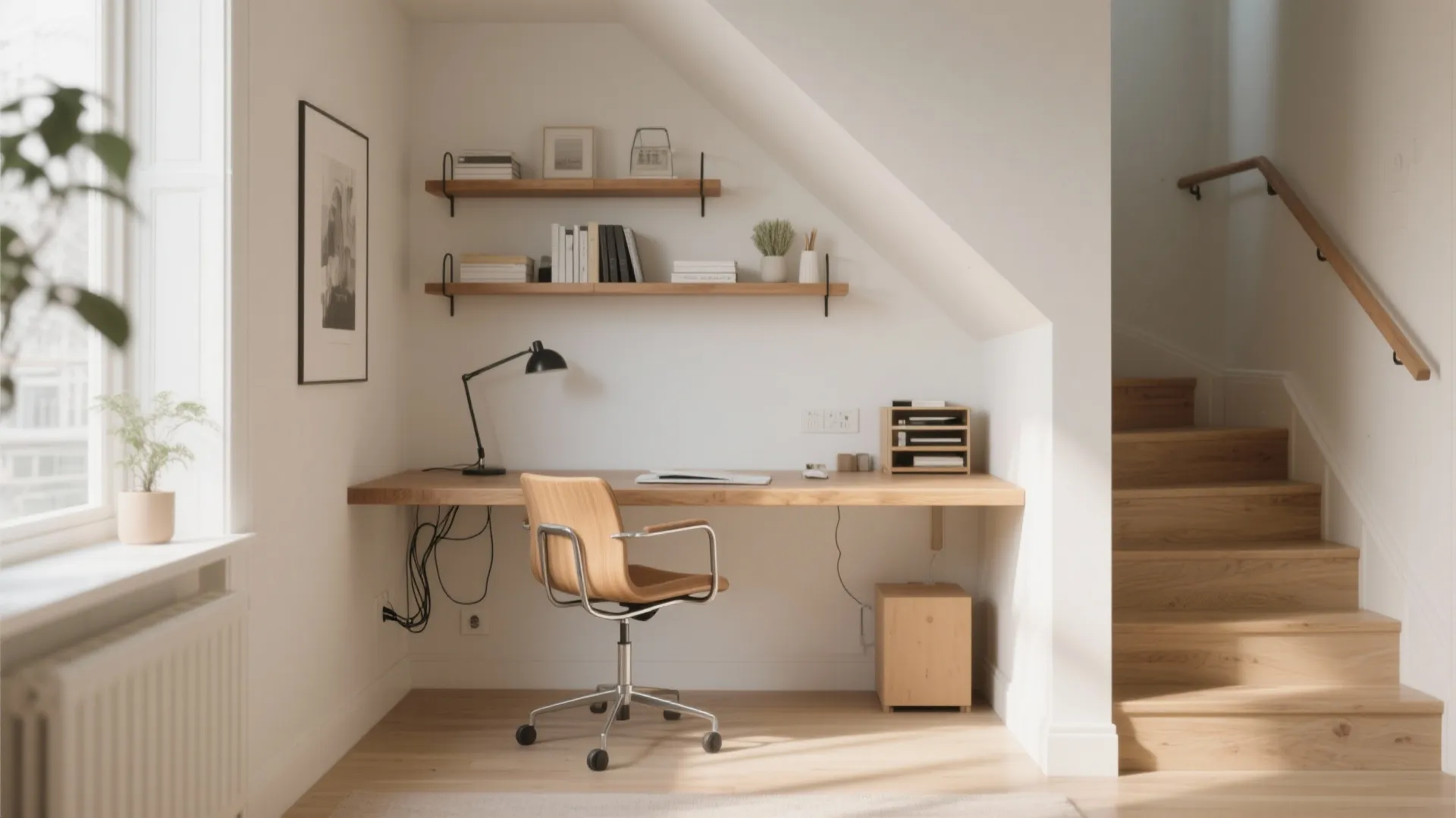 Small home office space under stairs with wooden desk wall shelves chair and natural light