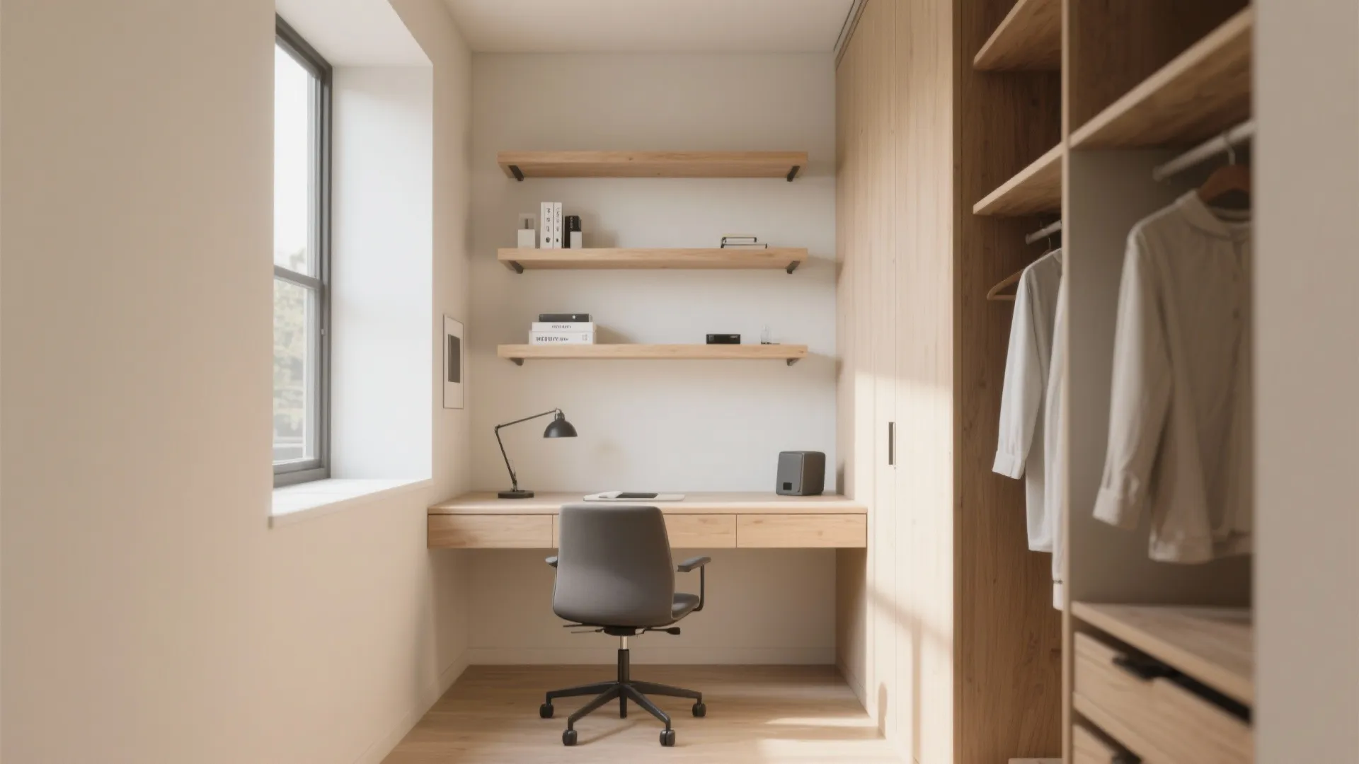 1. Floating Desk with Wall Shelves