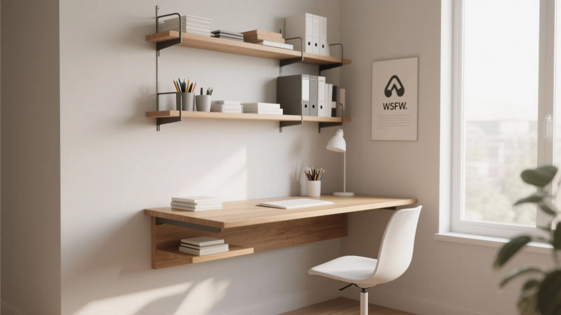 1. Floating Desk with Wall Shelves
