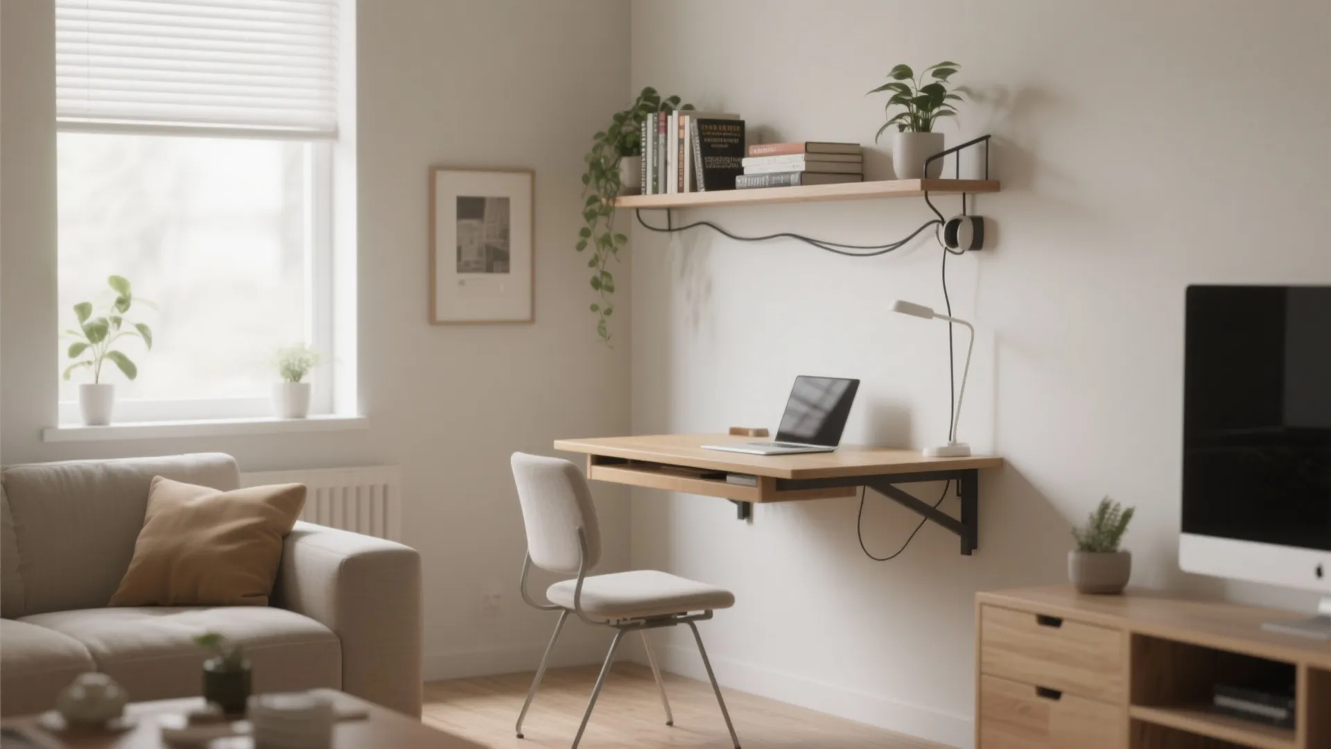 Wall mounted wooden desk with laptop white chair wooden shelf plants and bright natural window