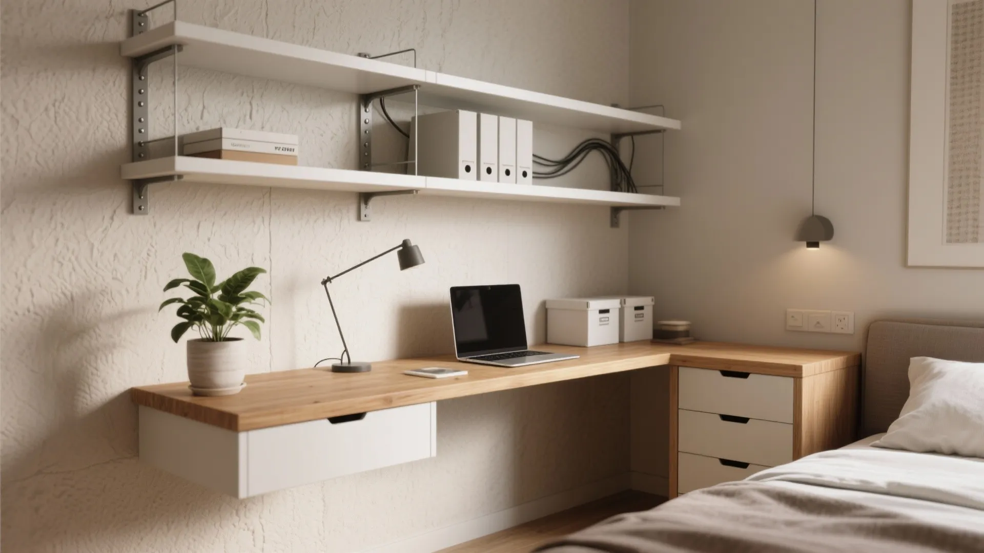 Wall-mounted floating desk with open shelves, light oak surfaces and neat storage in a small bedroom.