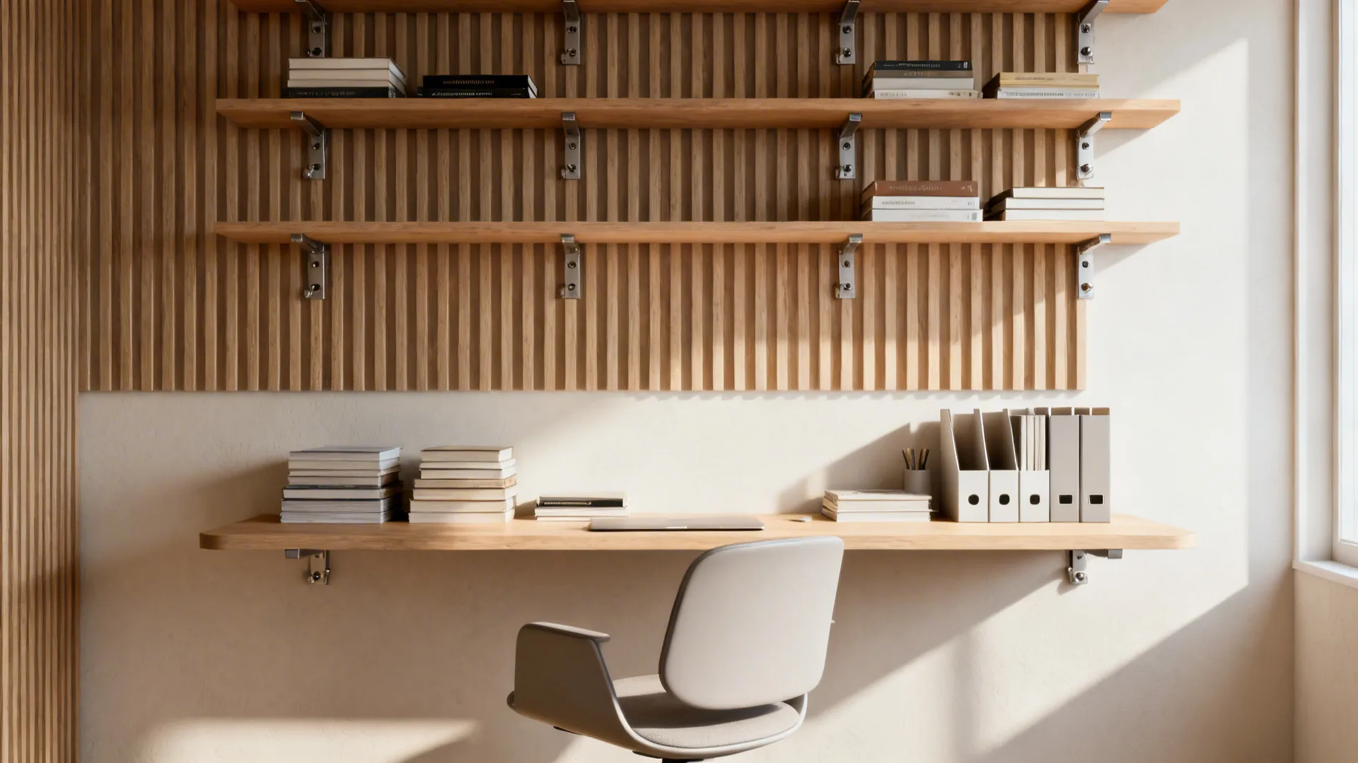 Modern home office with long wooden floating desk, grey chair, wall panel, and wooden shelves