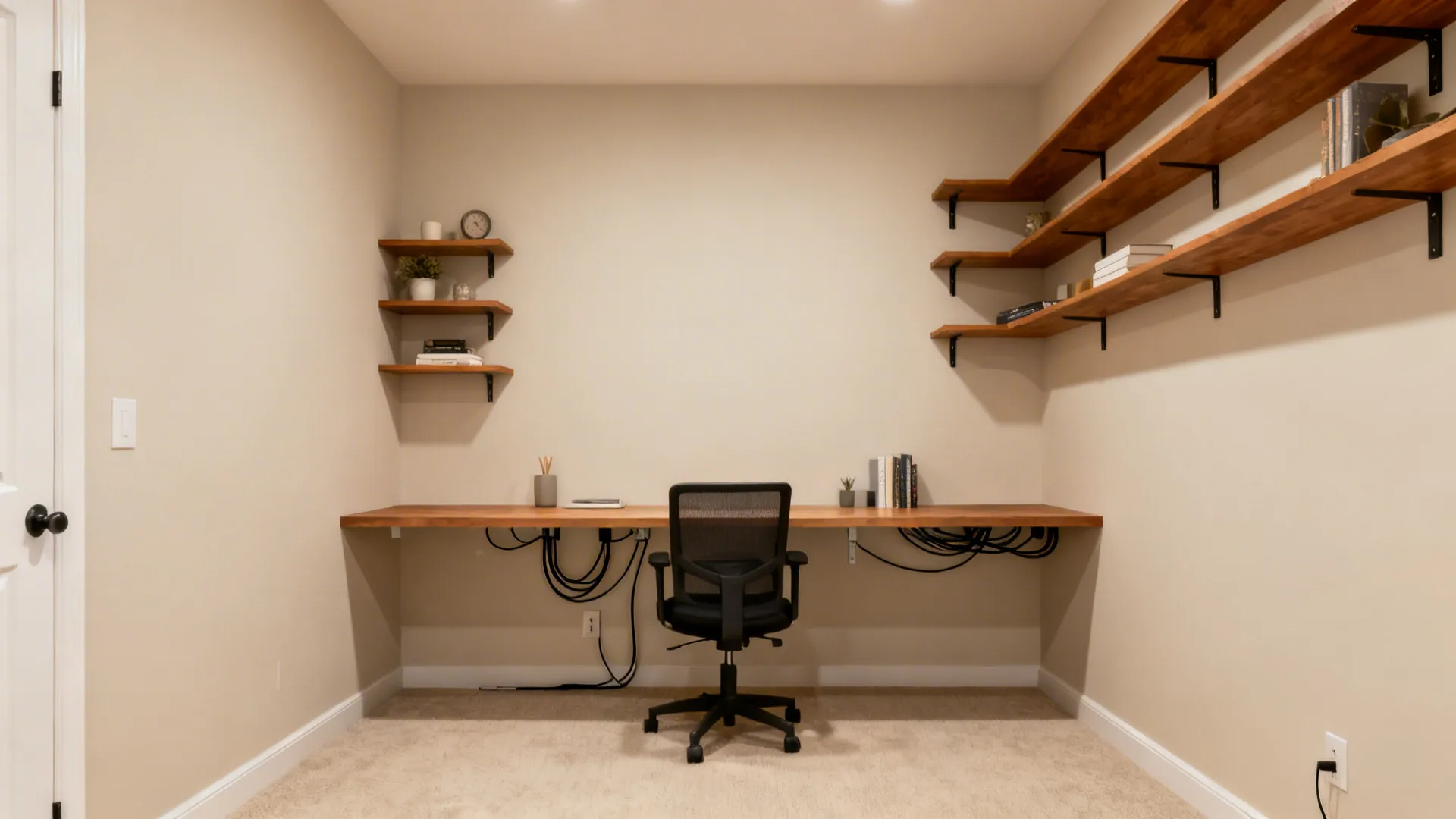 Small room with a floating desk and high wall-mounted shelves revealing more floor and sightline.