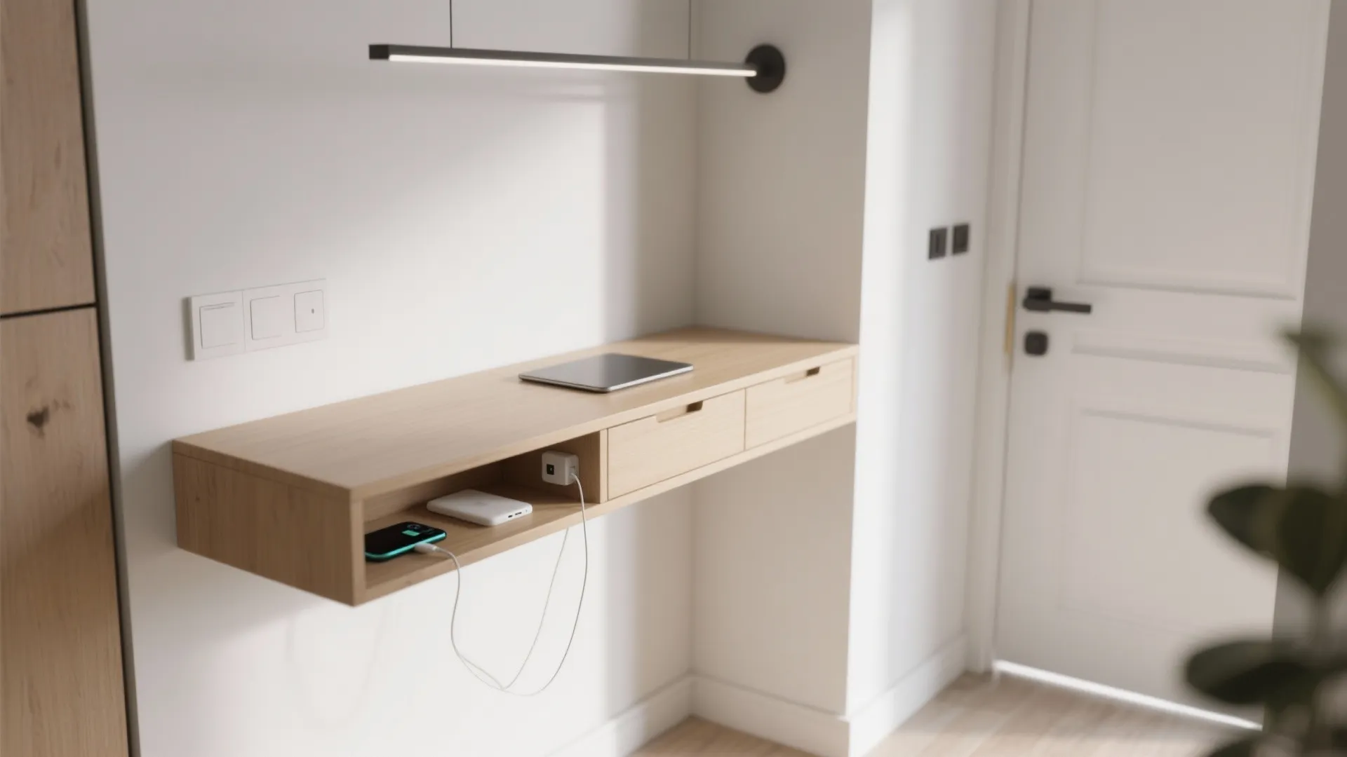 Modern wooden floating desk with storage drawers, charging devices, a laptop, and a wall light