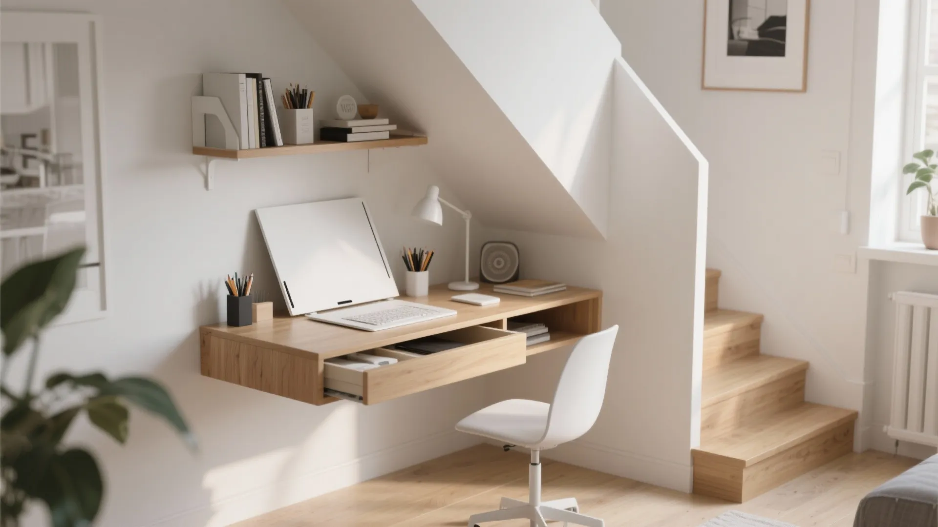 Floating desk under staircase with hidden storage and neat workspace