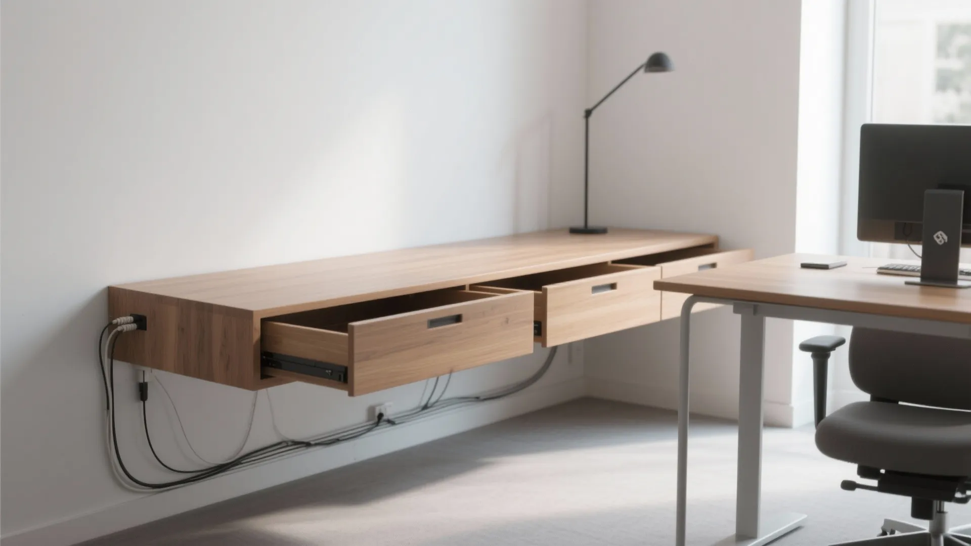 1. Floating Desks with Hidden Storage