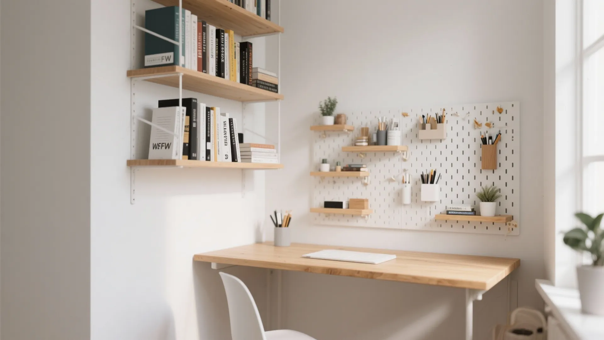 Floating desk with wall shelves in small office