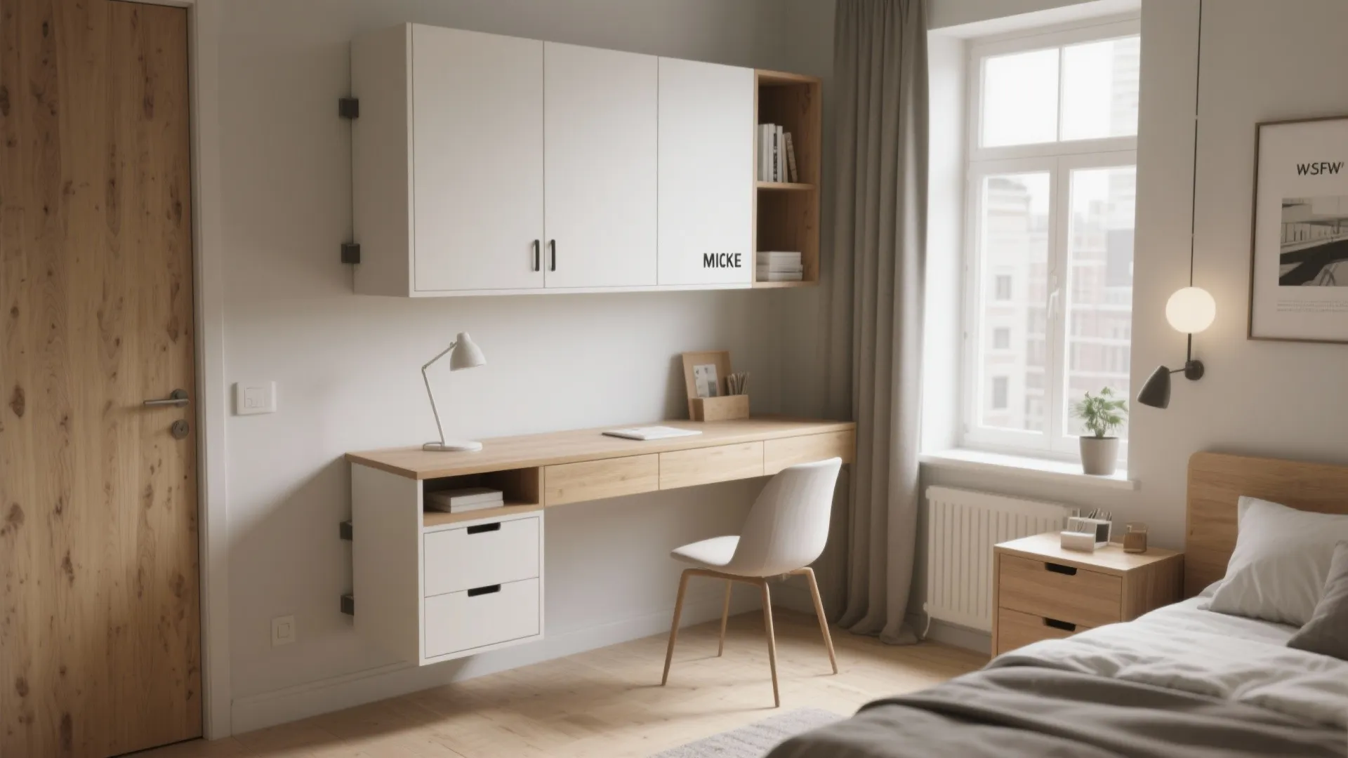 Wall-mounted desk with overhead storage in small bedroom
