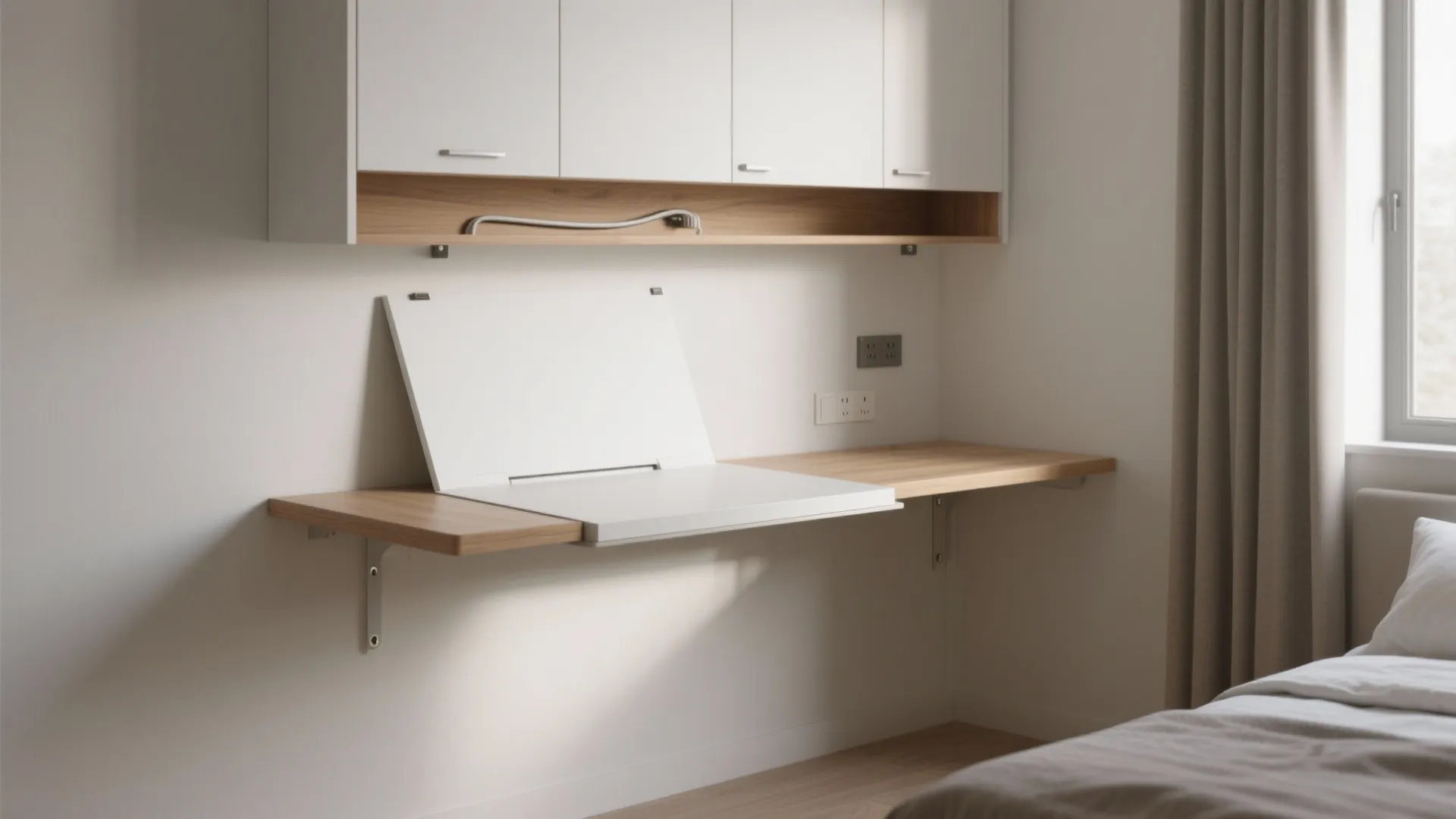 Minimal wall-mounted desk with hidden storage