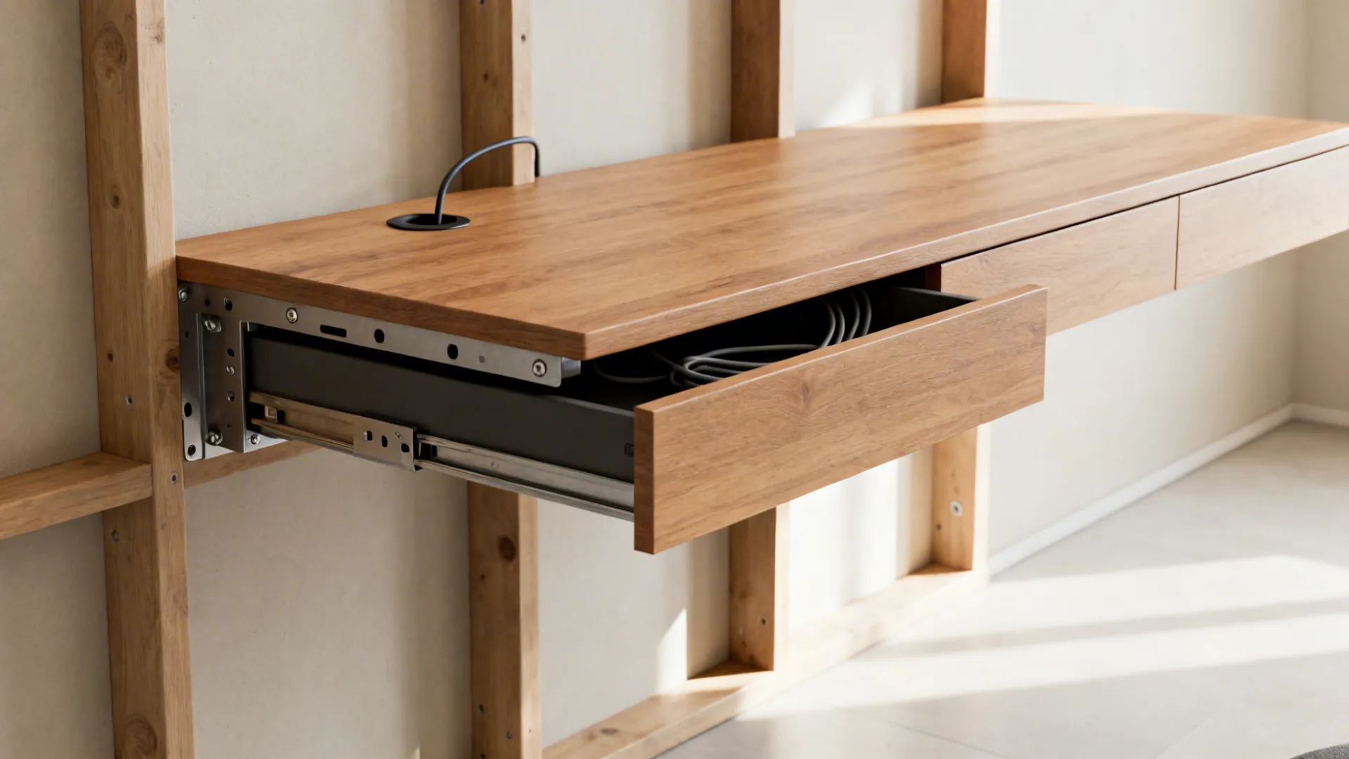 Floating shelf desk with slim hidden drawers and cable grommet, showing clean mounting details.