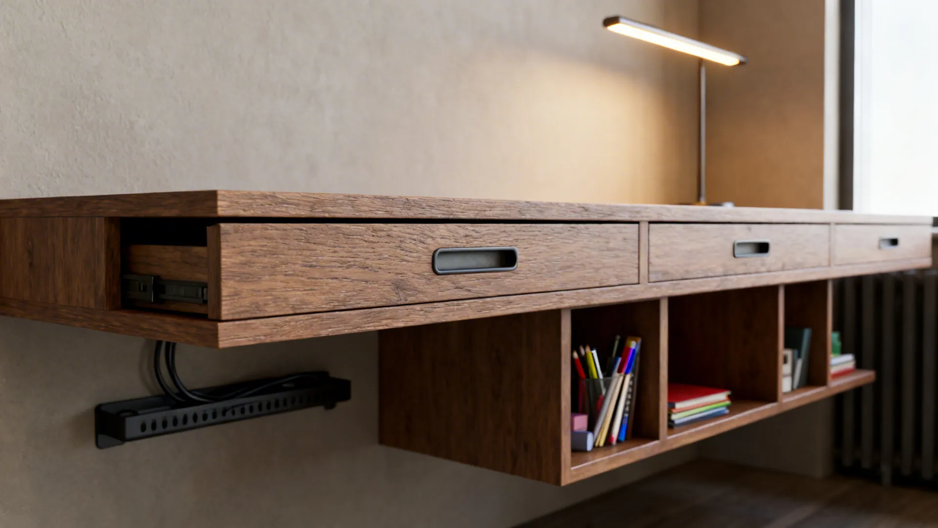 Close-up of a floating desk with hidden drawers and open cubbies under a warm task lamp