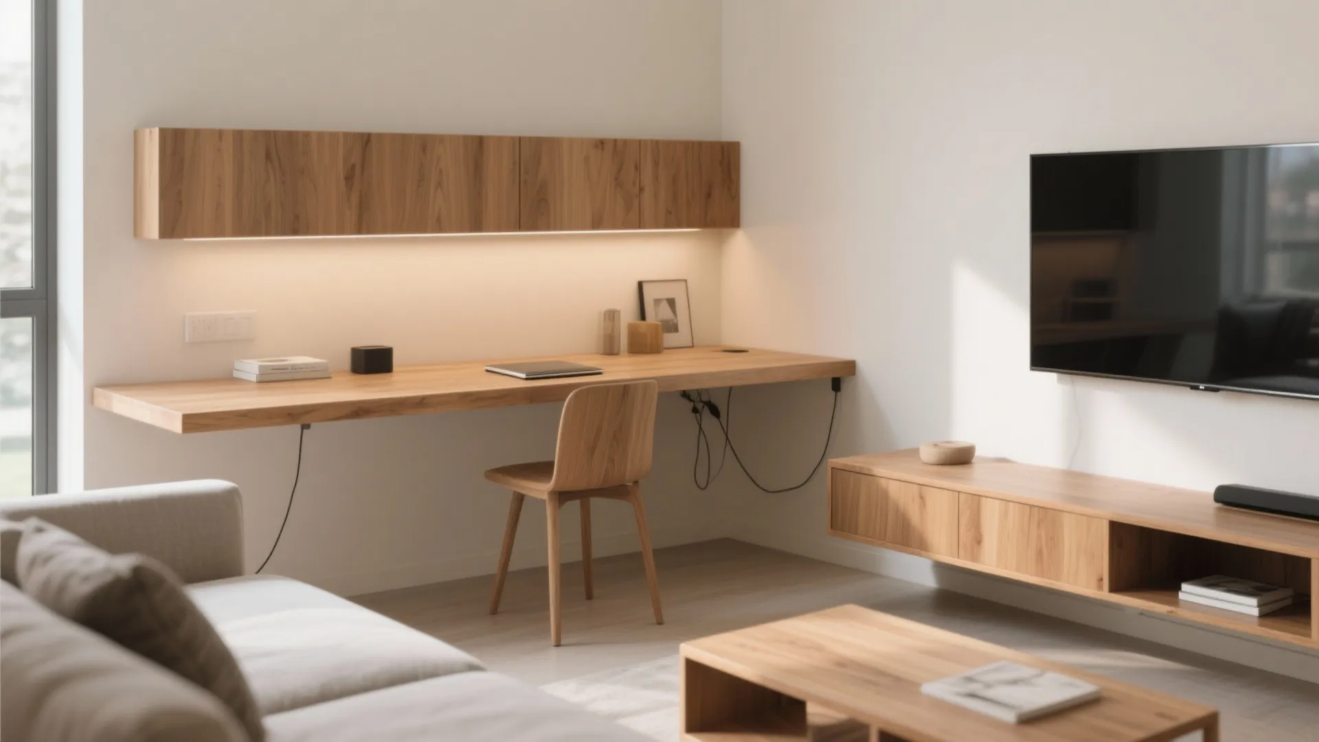 1. Floating Desk Beside the TV Wall