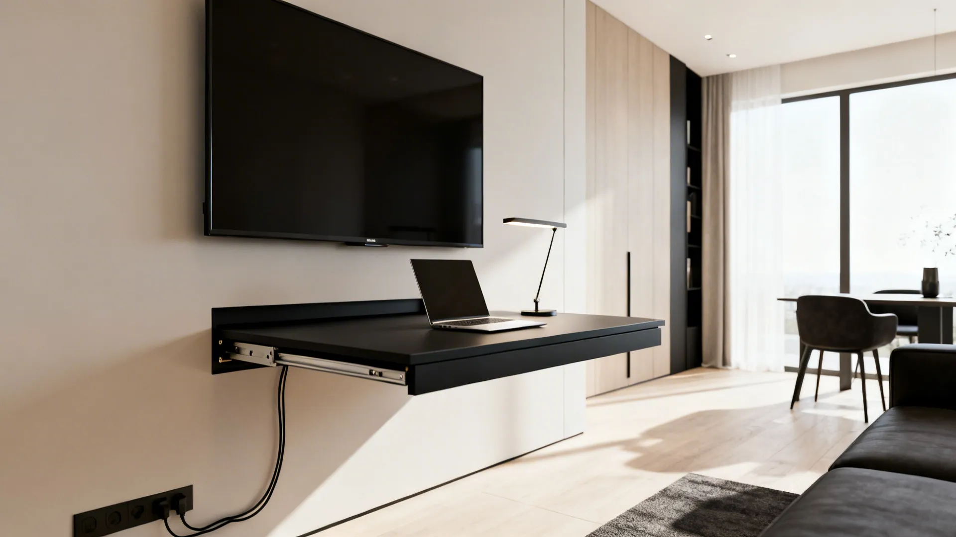 2. Floating wall desk under the TV