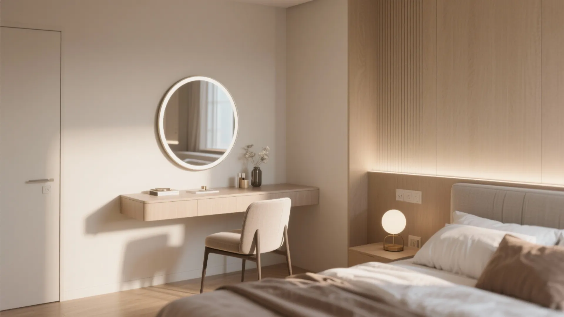 Modern bedroom with a floating wood desk round wall mirror beige chair and neutral decor