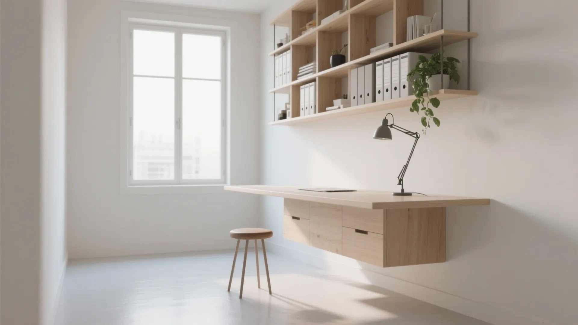 2. Floating Desk with Vertical Storage