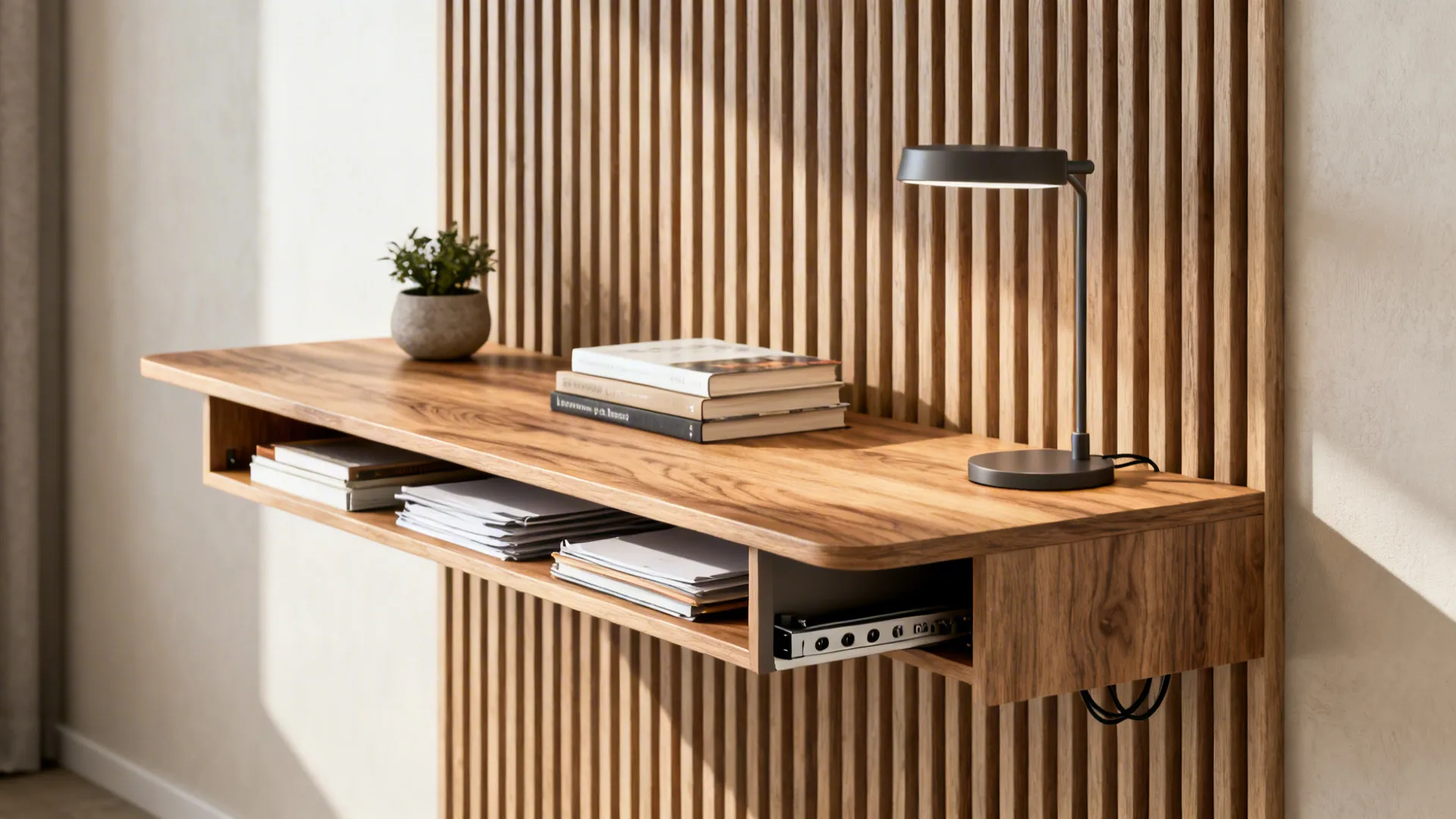 1. Floating desk with vertical storage