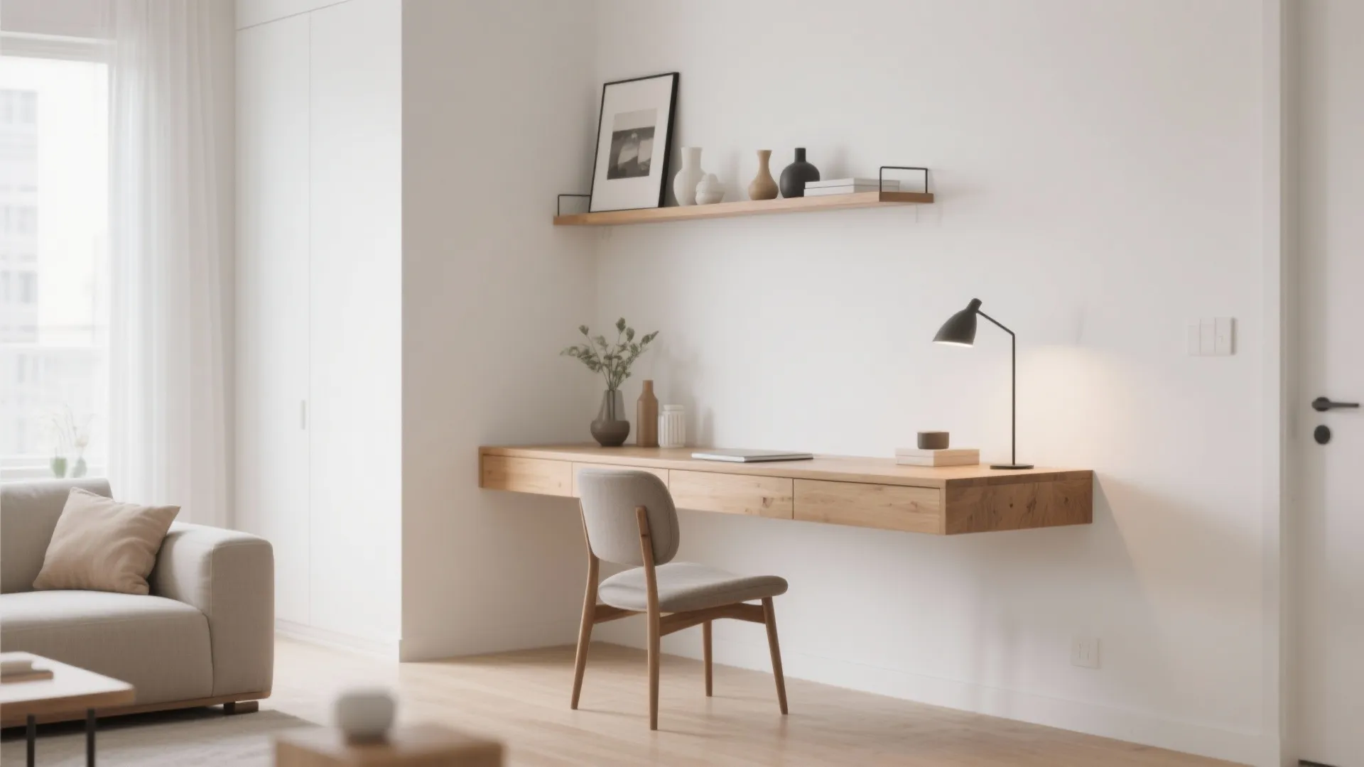 Floating wooden desk mounted on a white wall with a chair and a wall shelf