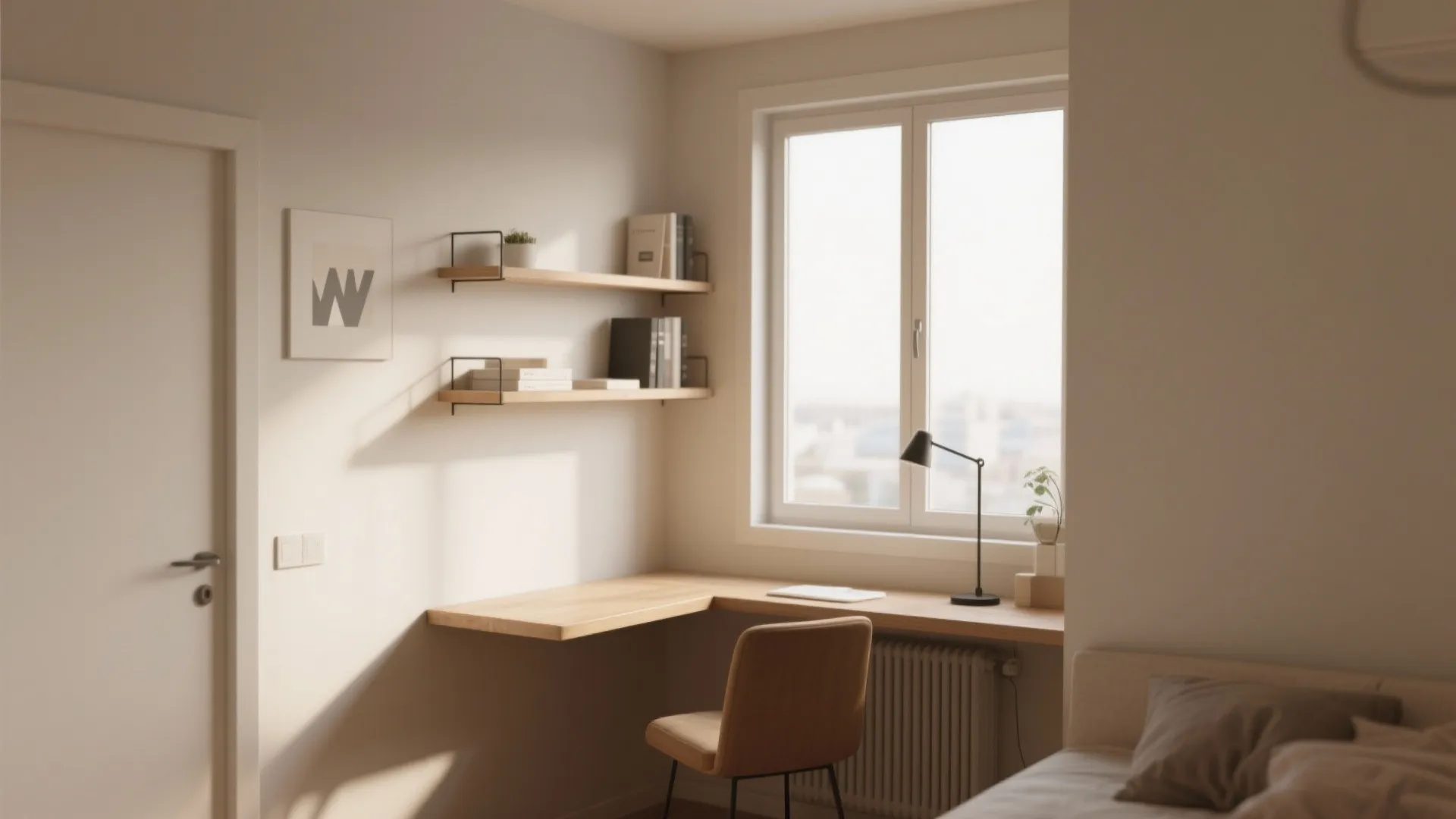 Minimalist corner workspace with wooden floating desk wall shelves brown chair and window with city view