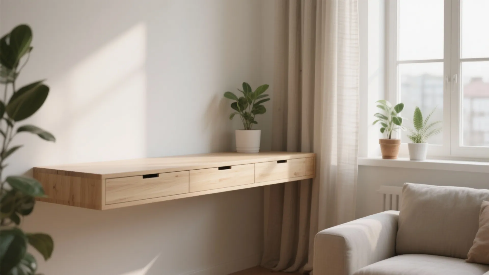Floating desk under a window with natural light in a minimalist living room