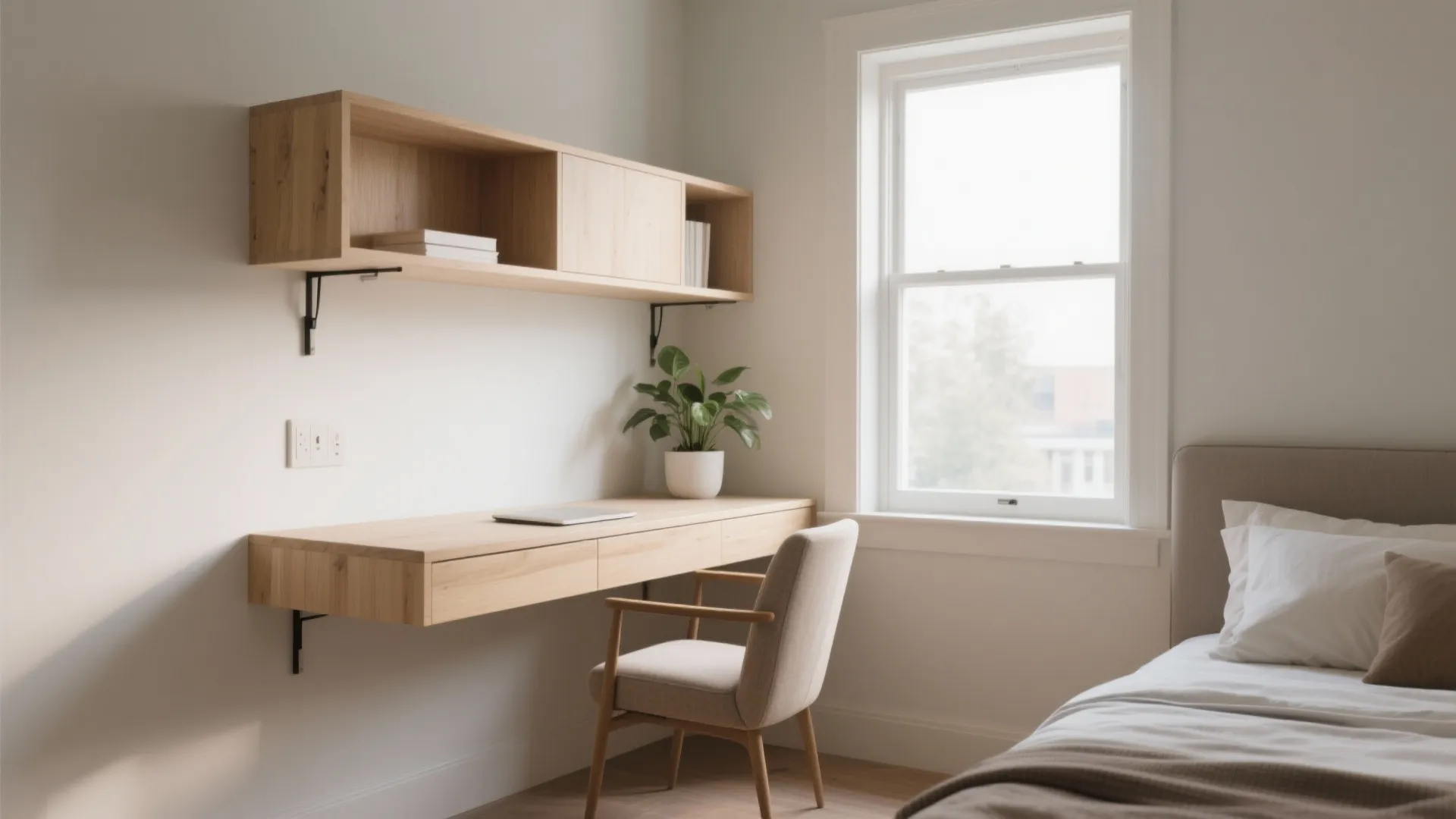 Minimalist floating wooden desk with laptop near window featuring wall shelf beige chair and plant