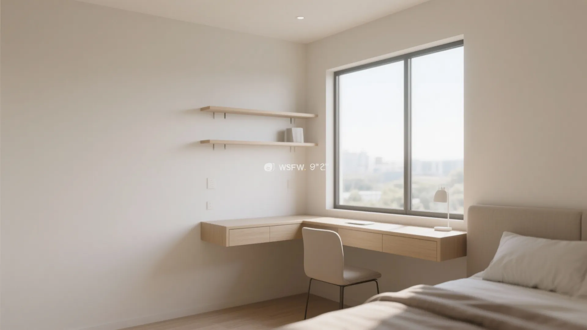 Minimalist bedroom workspace with a wooden corner desk chair shelves and large window natural light