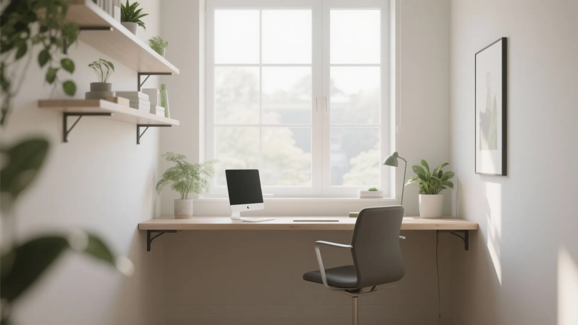Minimalist home office with a floating wooden desk under a window with plants and shelves
