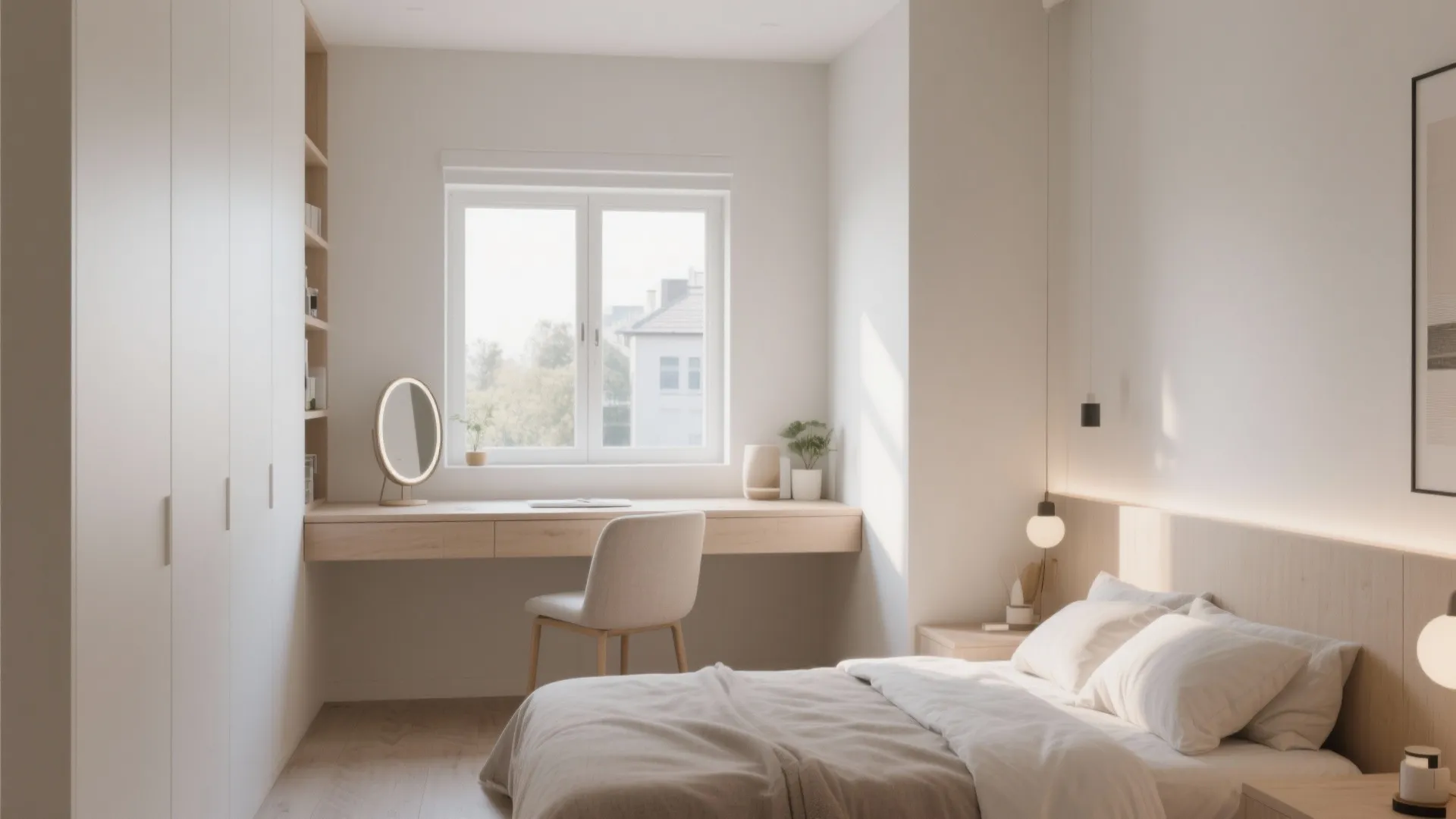 Minimalist bedroom with floating wooden desk under window white cabinets and comfortable white bed set