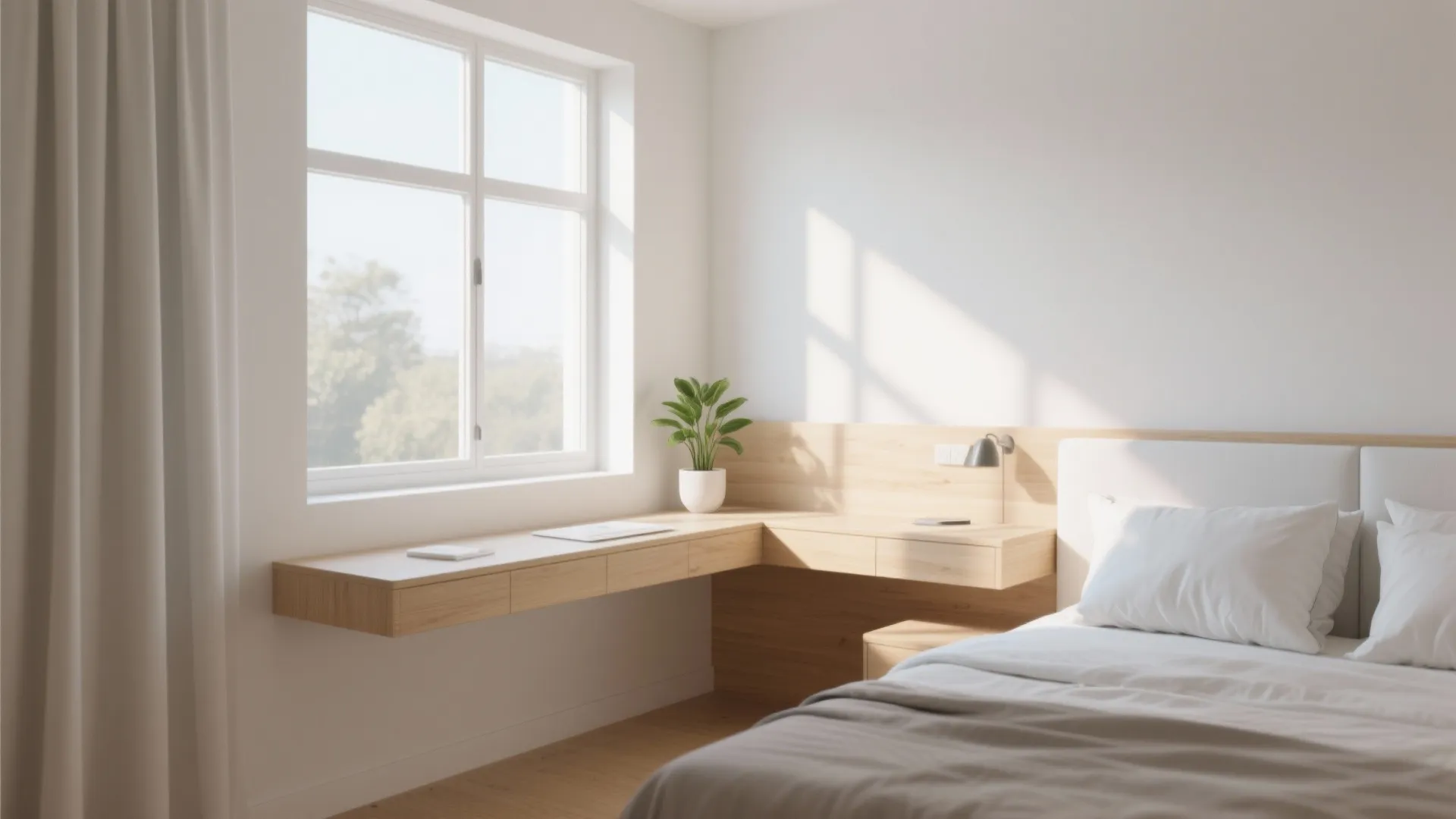 Minimalist bedroom featuring a wooden floating desk under a window next to a white bed