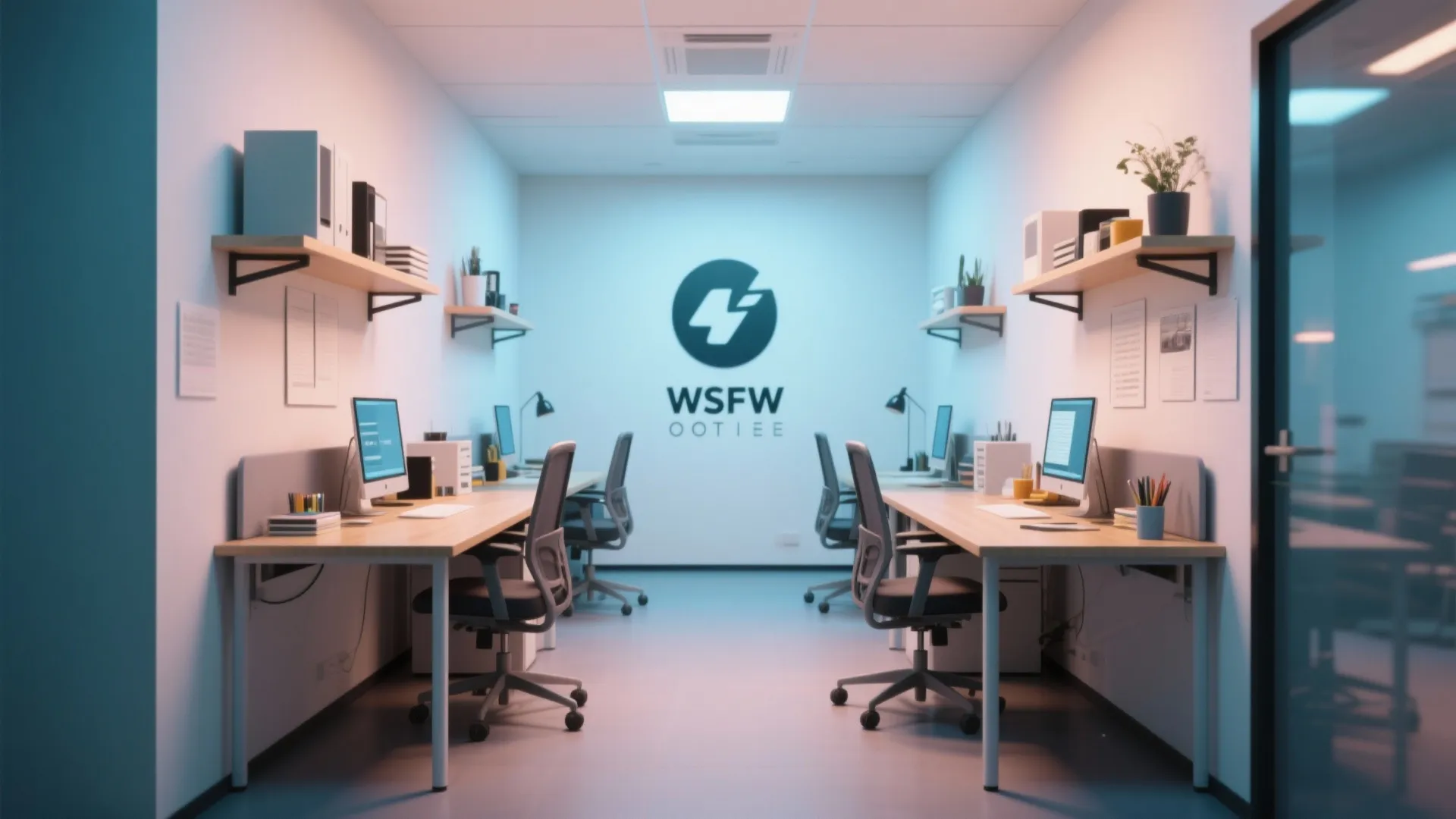 Modern office room layout with wooden desks grey chairs wall shelves and computers under bright lights