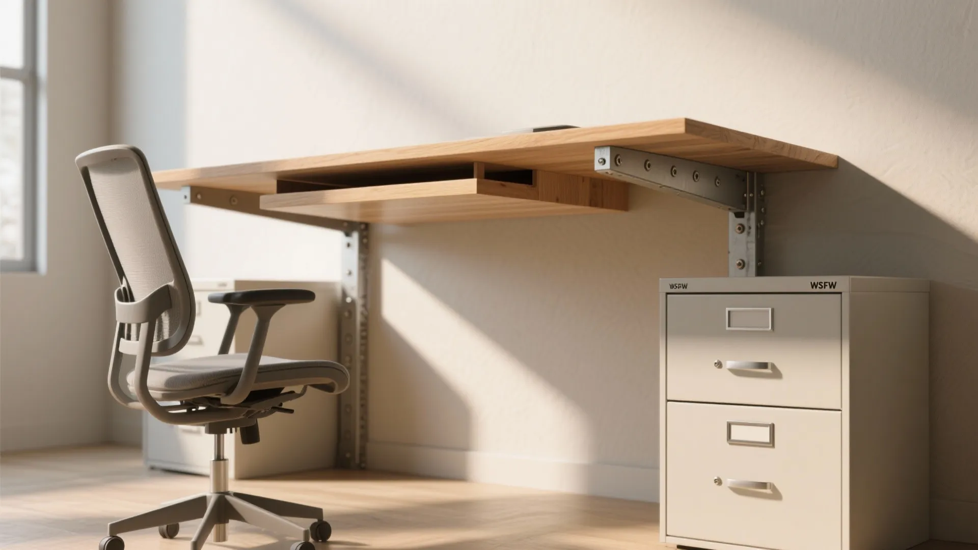 Wood desk mounted on wall with metal brackets grey office chair and white metal storage cabinet