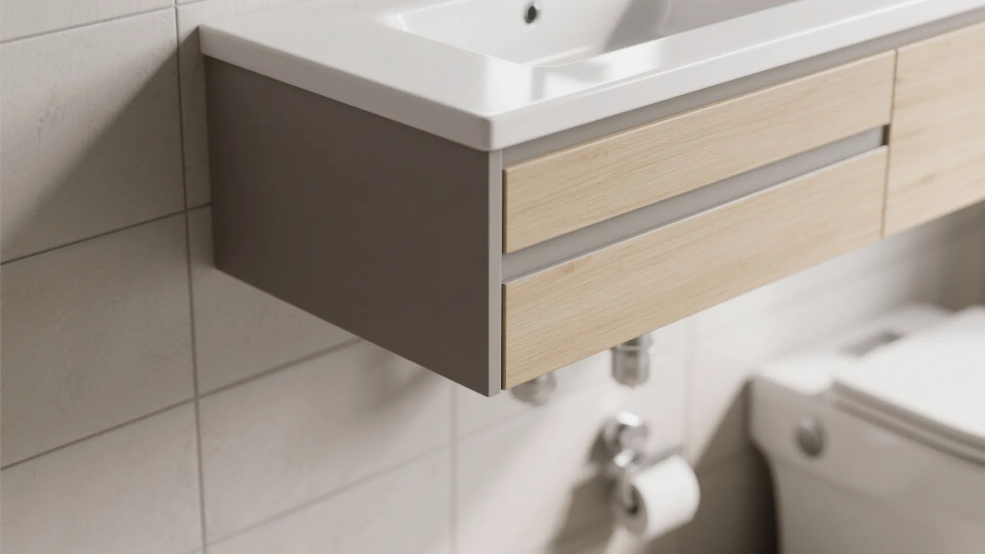 Macro detail of a floating vanity and wall-mounted toilet with clean mounting and materials.