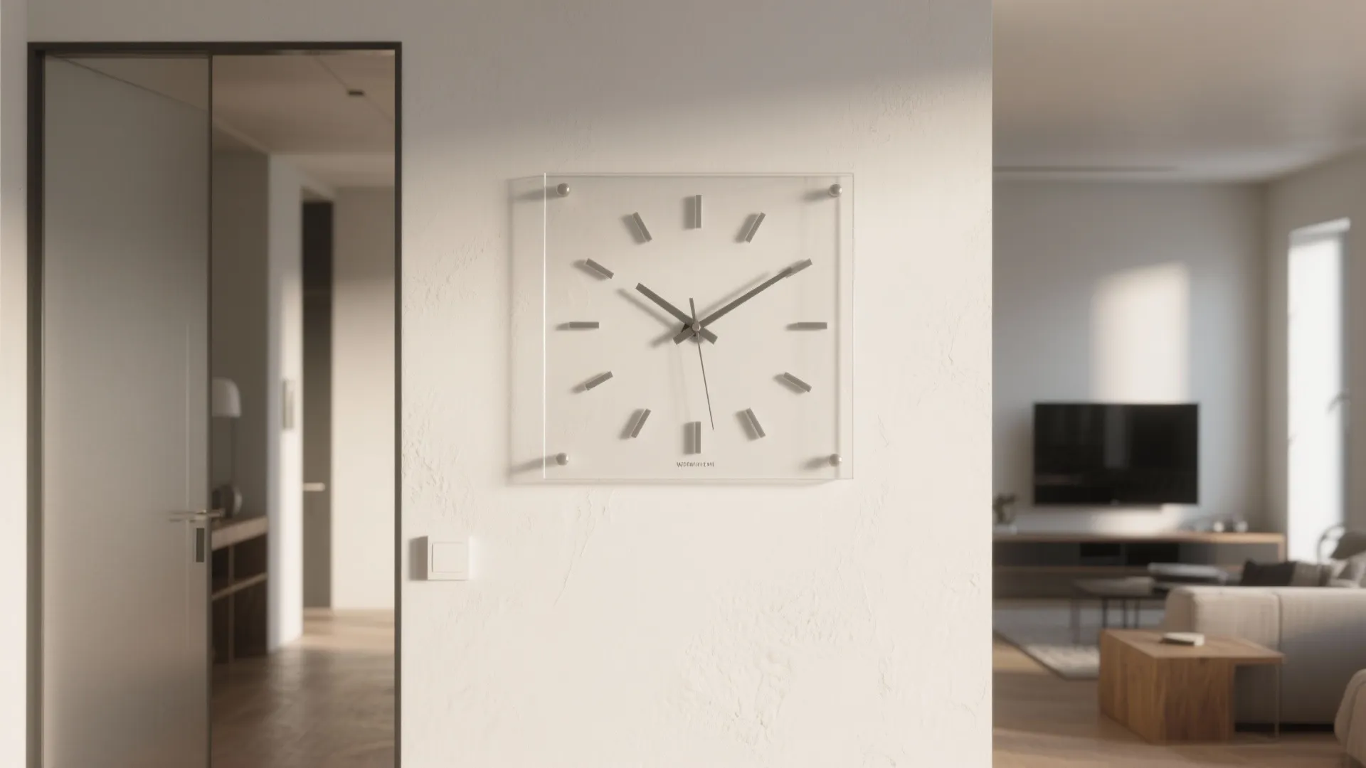 Minimalist square glass clock on a white wall in a modern living room interior design
