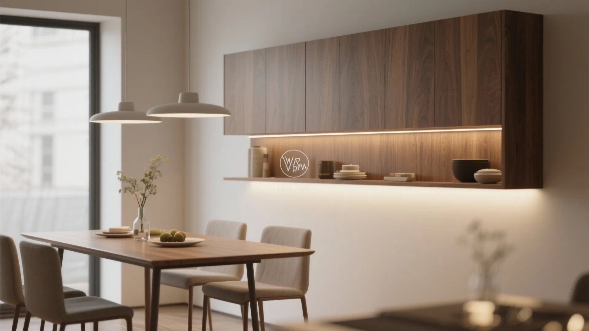 Floating wooden dining cabinet with soft LED lighting