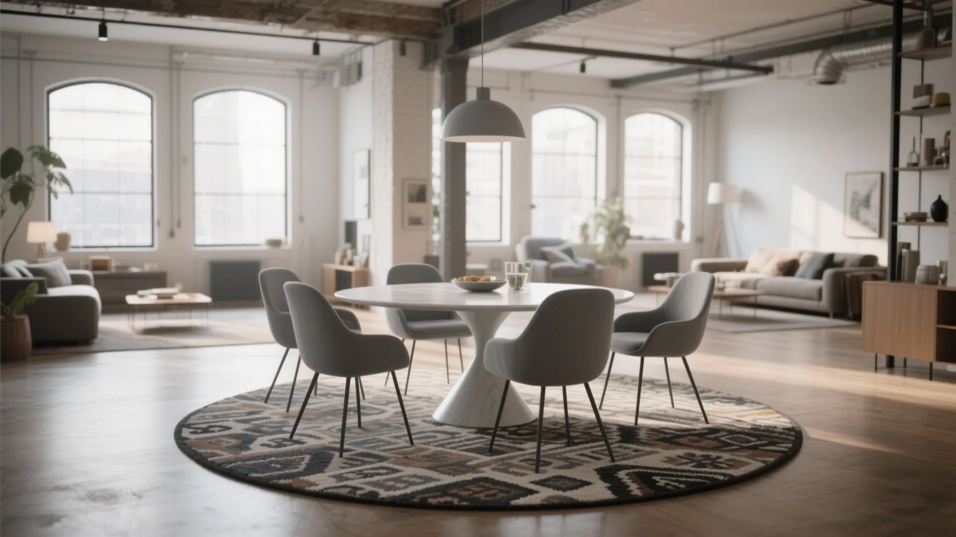 Round white dining table with grey chairs sitting on a patterned rug in open room