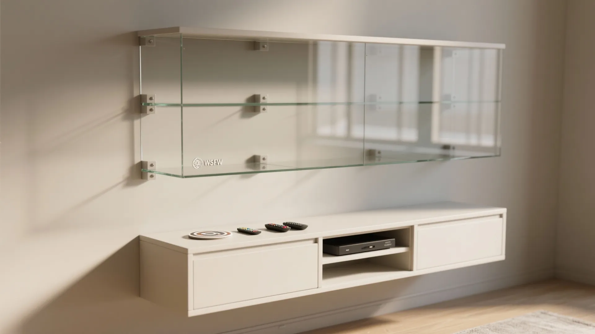 Modern white wall mounted cabinet with glass display shelves and remote controls on the top