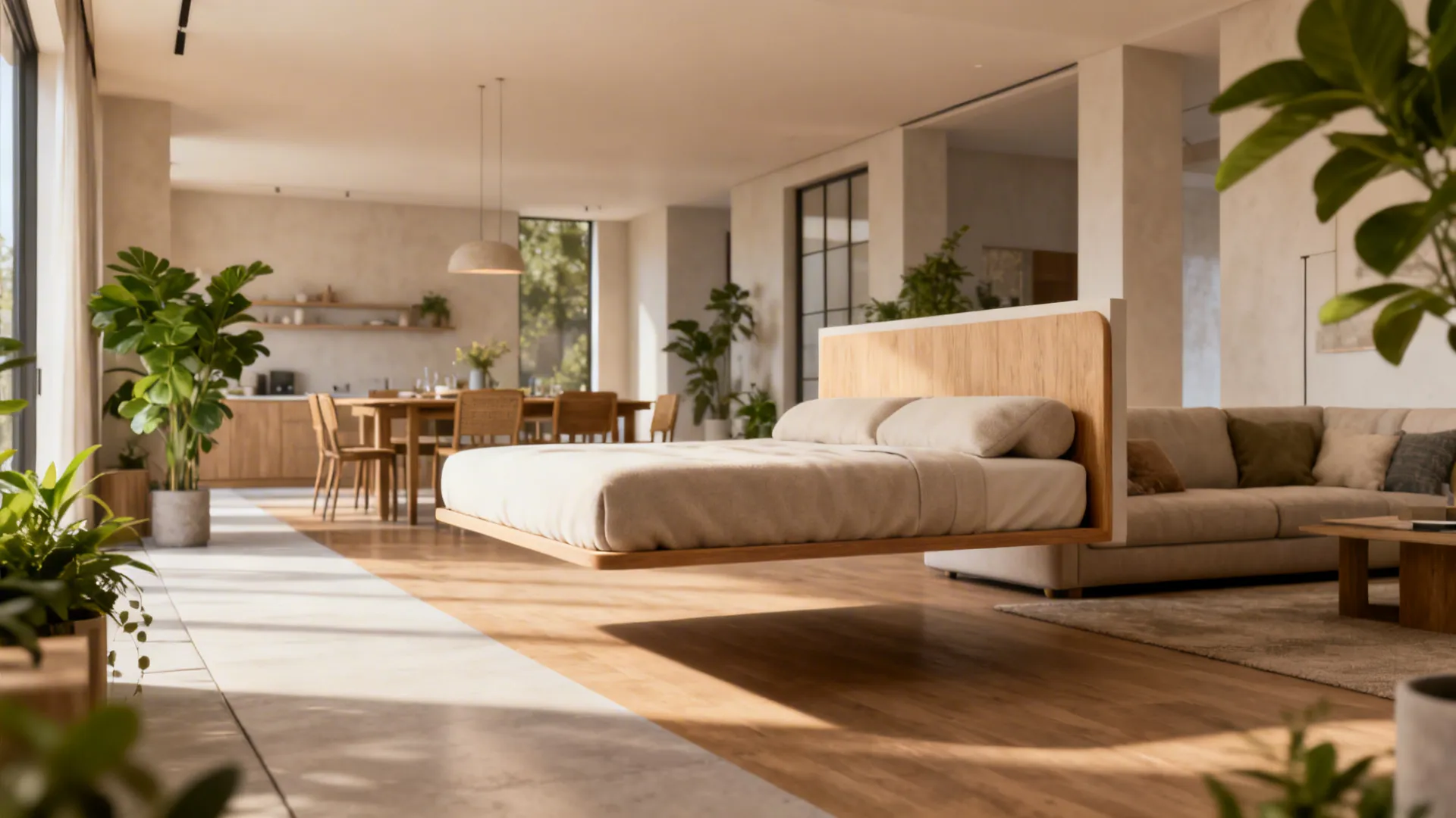 Modern open-plan studio with a floating bed divider, wooden floors, dining table, and green plants